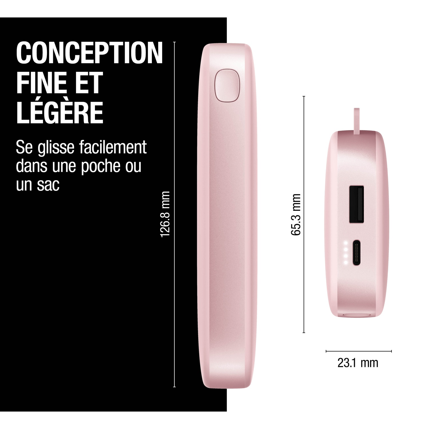 Un appareil rose de 126,8 x 65,3 x 23,1 mm. Texte en français.