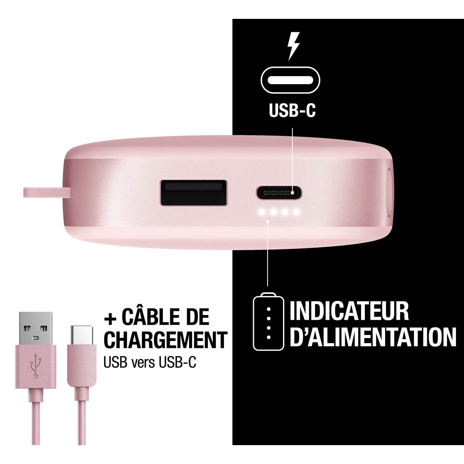 Une power bank rose avec USB-A, USB-C, câble de chargement et indicateur.