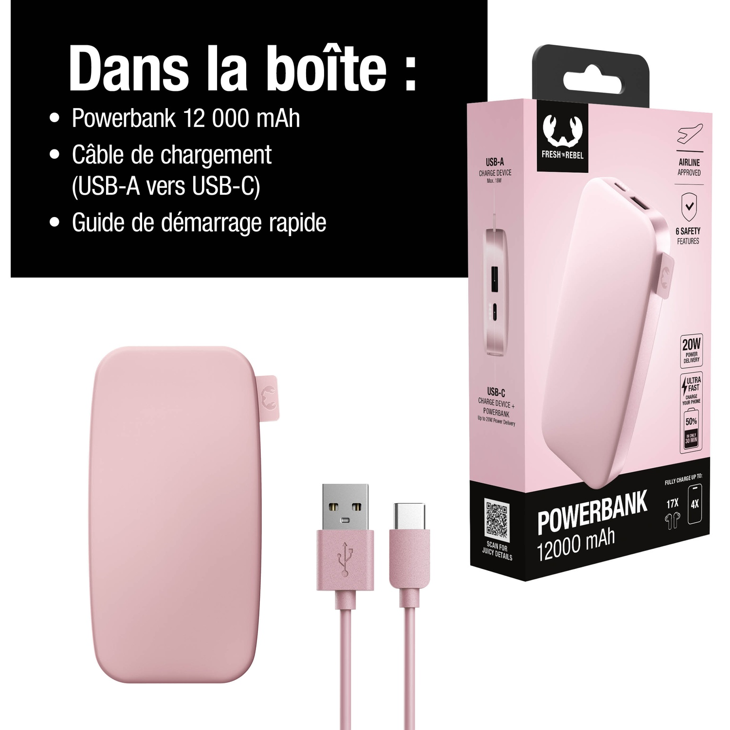 Un set de power bank rose avec câble et boîte, 12000 mAh, 20W.