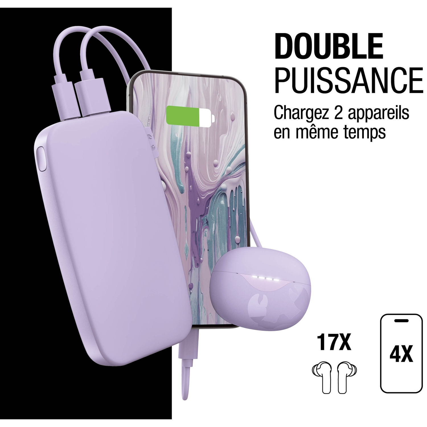 Batterie externe lavande charge smartphone et écouteurs. "Double Puissance".