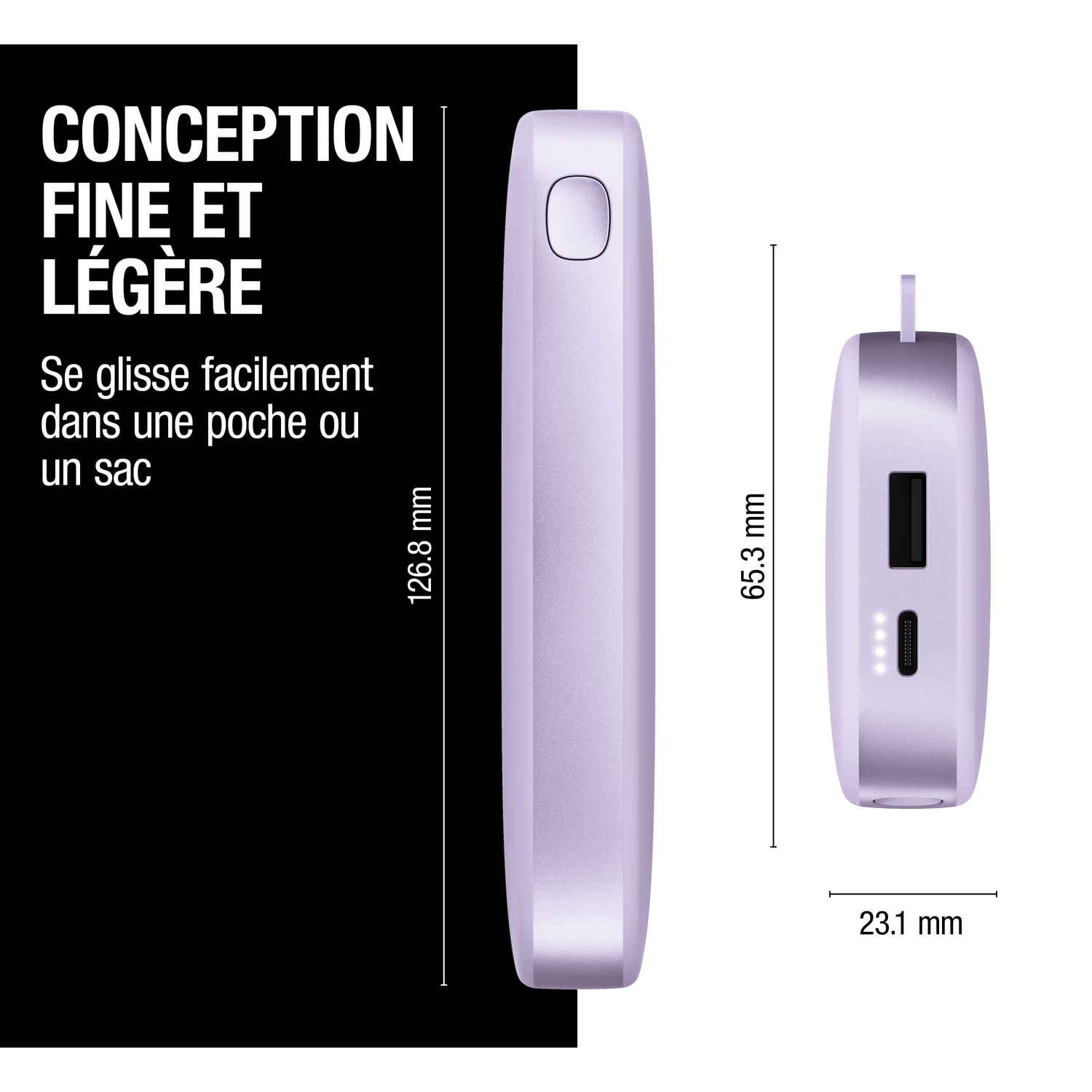 Un appareil lilas de 126,8 mm, 65,3 mm et 23,1 mm.