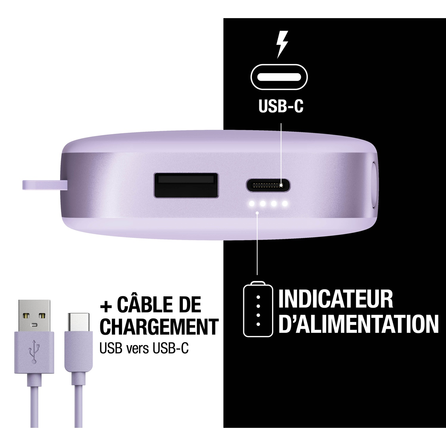 Batterie externe violette avec USB-A, USB-C, câble de chargement et indicateur.