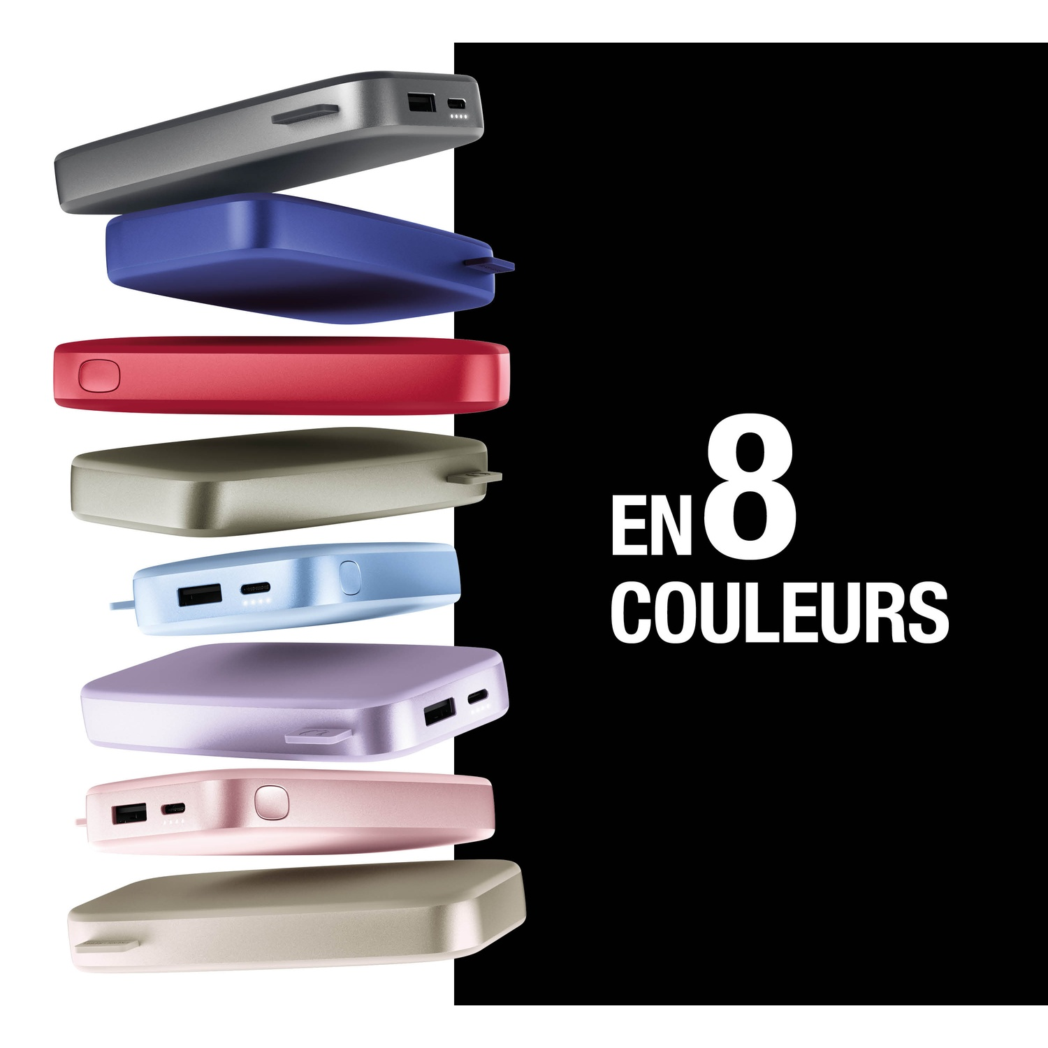 Une pile de huit batteries externes en plusieurs couleurs: gris, bleu, rouge, olive, bleu clair, violet, rose, beige.