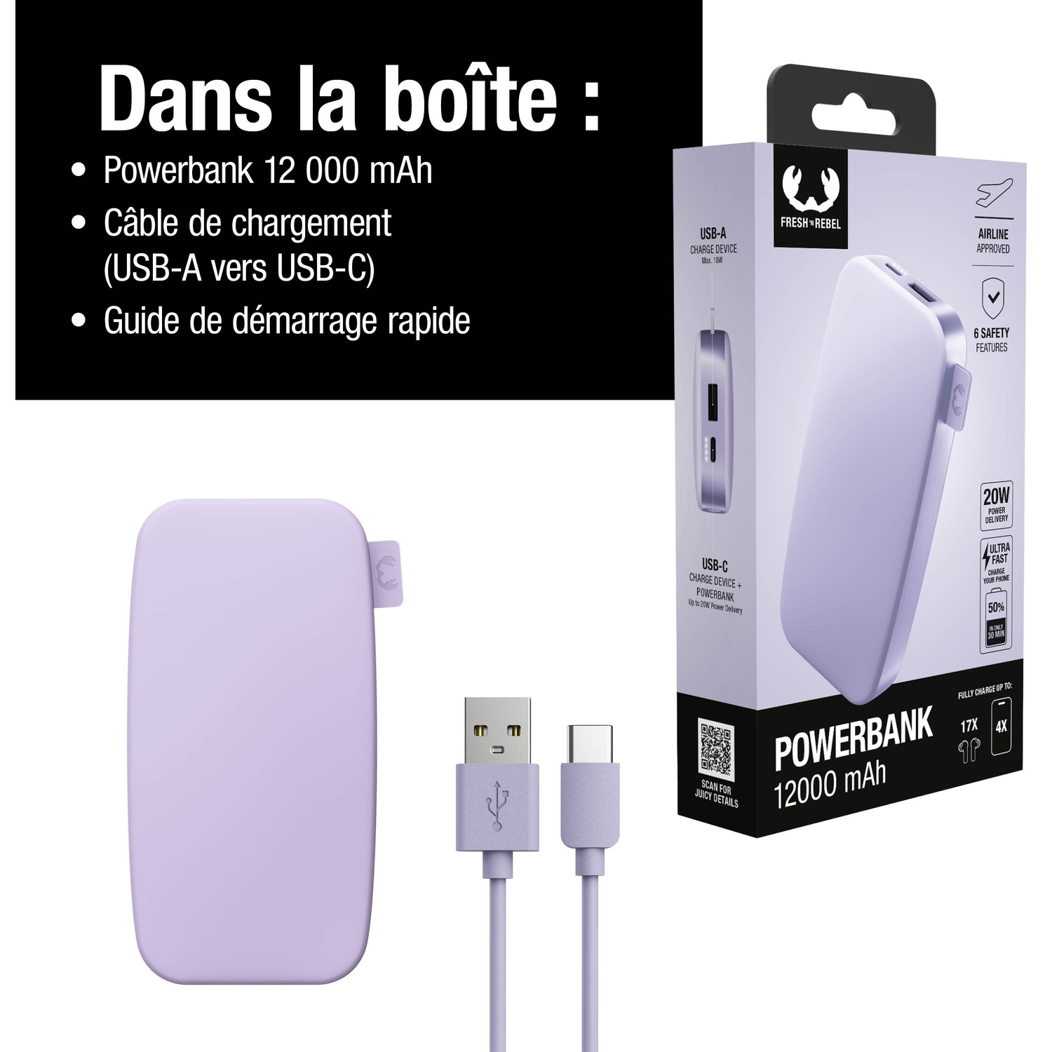 Batterie externe violette 12000 mAh avec câble USB-C et emballage. Comprend 3 articles.