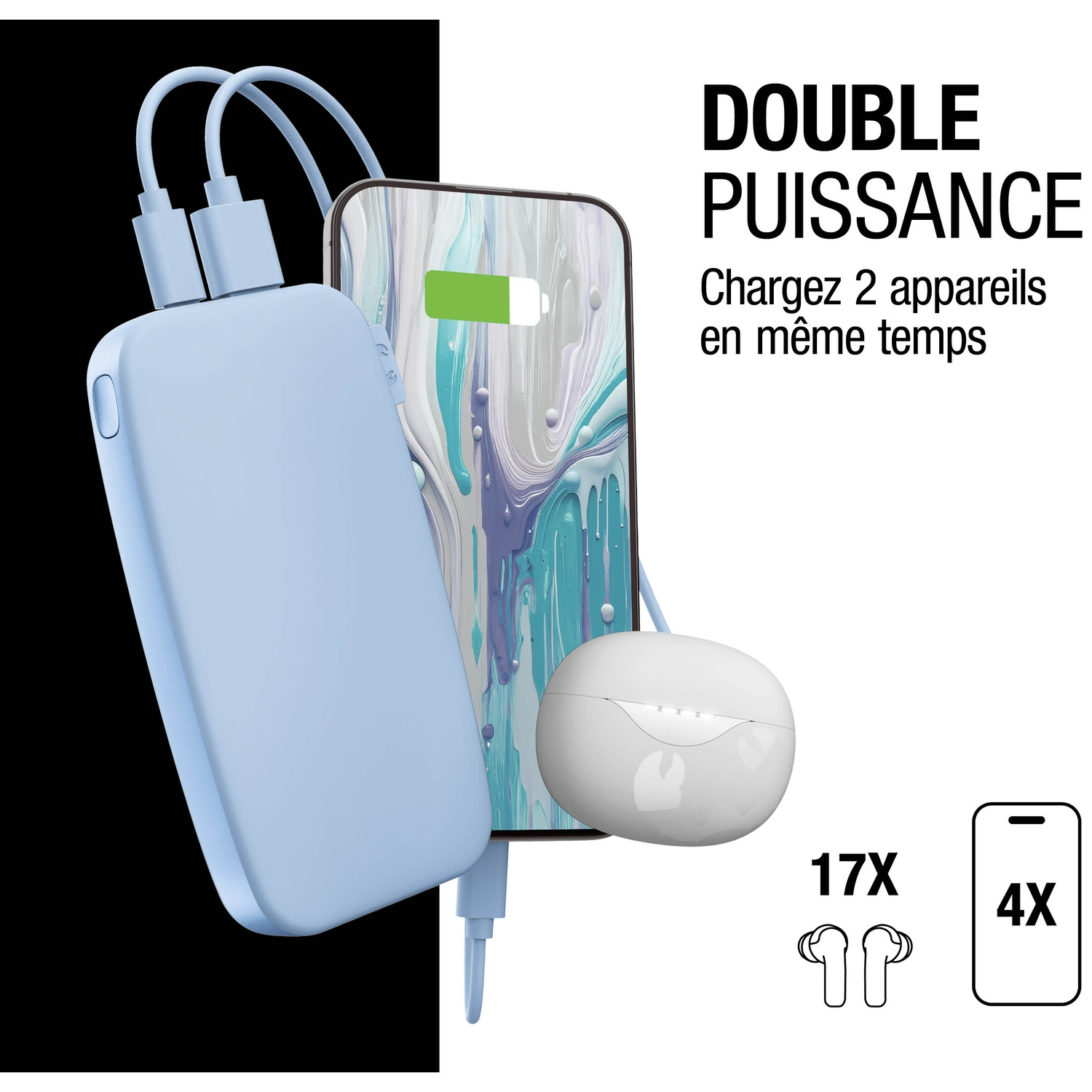 Une banque d'alimentation bleu clair charge un smartphone et des écouteurs blancs.