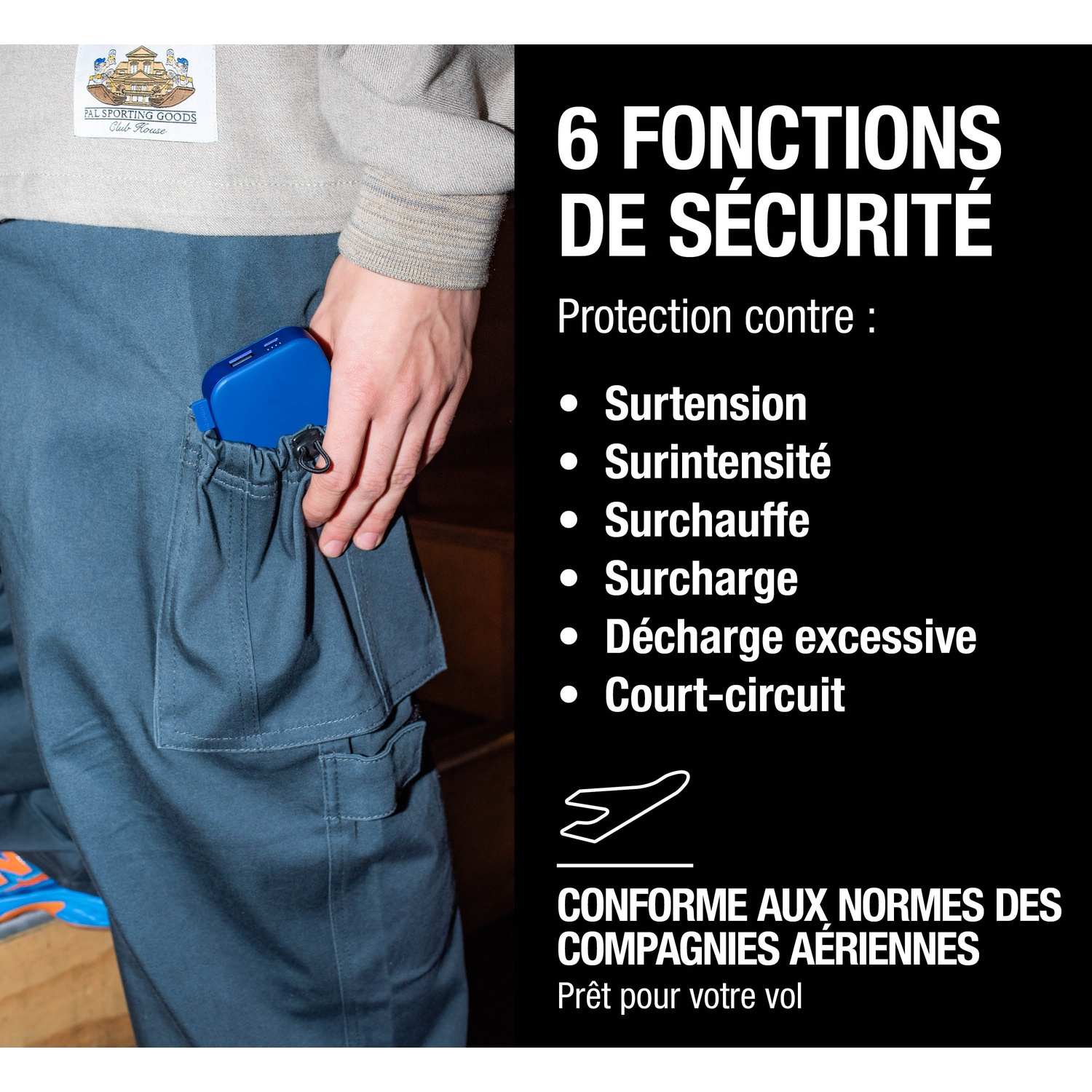 Batterie externe bleue dans la poche, texte sur les fonctions de sécurité et normes aériennes.