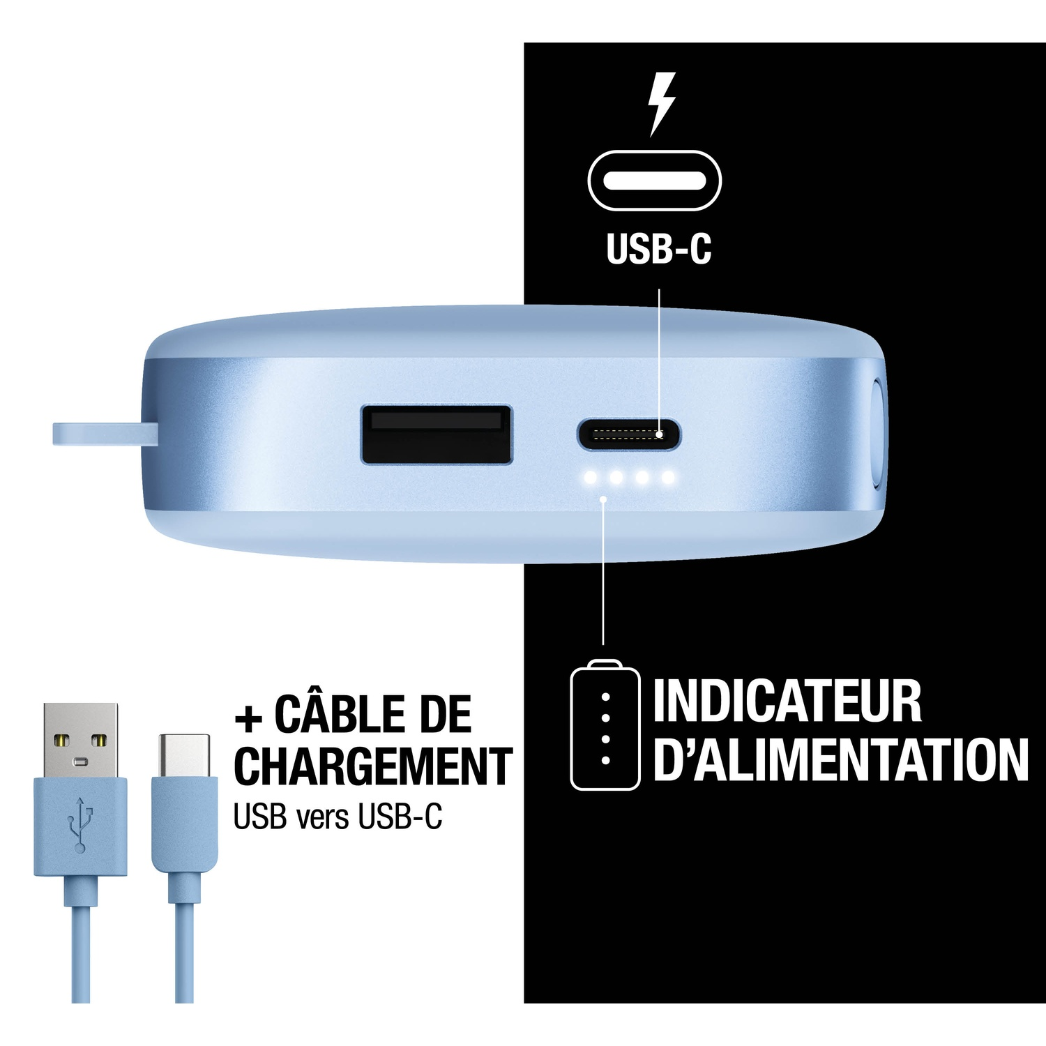 Batterie externe bleu clair avec USB-A, USB-C, indicateur de charge et câble.