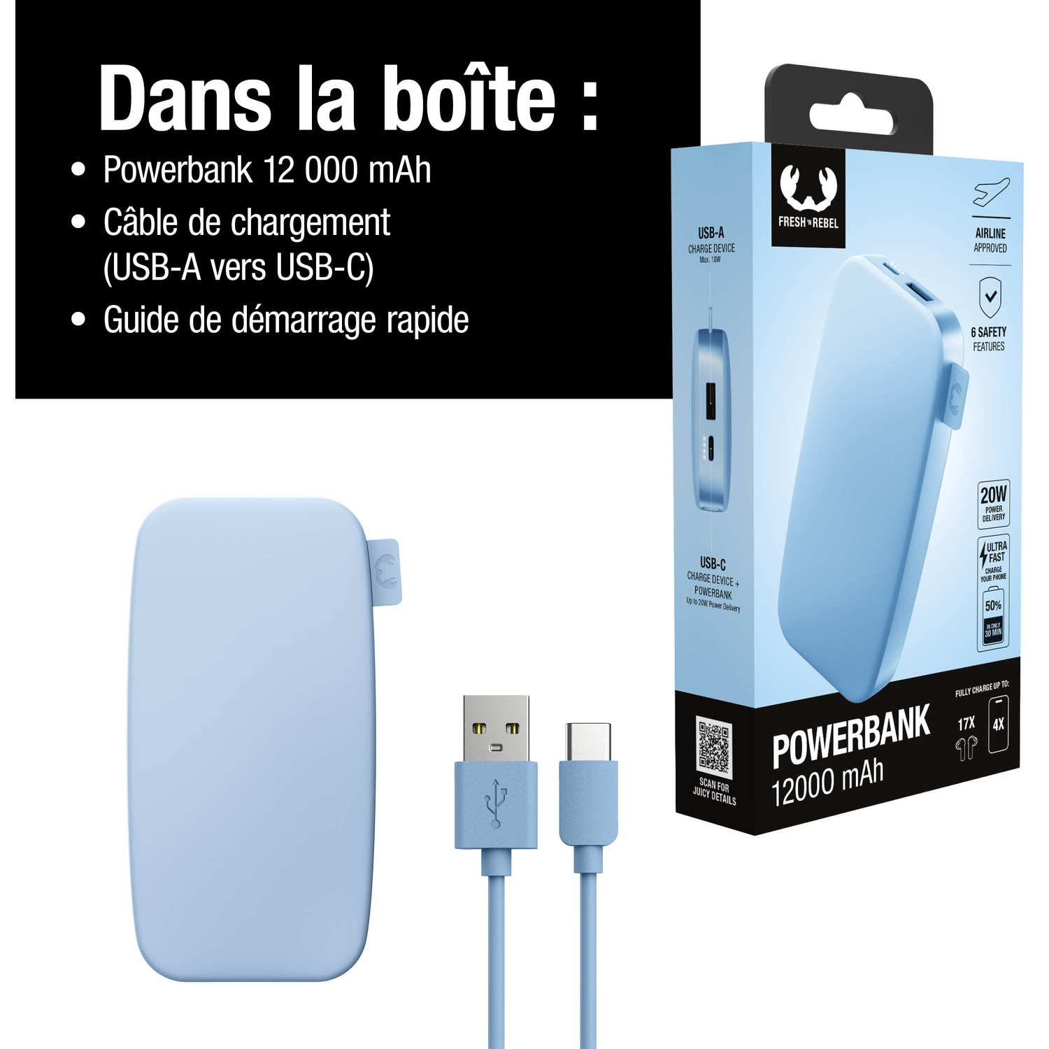 Batterie externe bleu clair 12000 mAh avec câble USB-A vers USB-C et emballage.