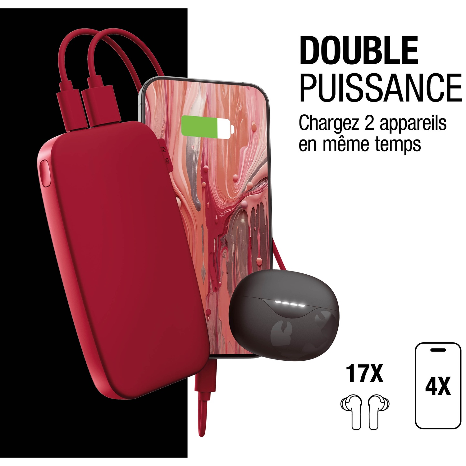 Batterie externe rouge chargeant un smartphone et des écouteurs noirs.
