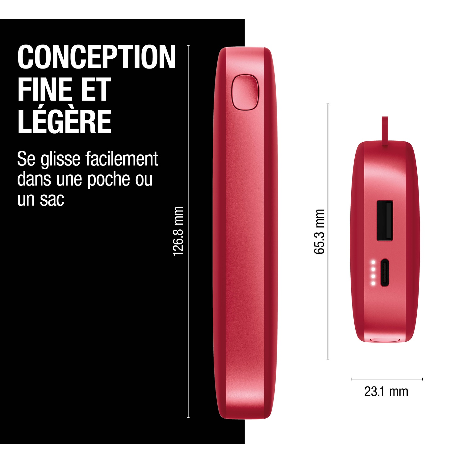 Appareil mince rouge avec dimensions 126,8 mm, 65,3 mm et 23,1 mm.