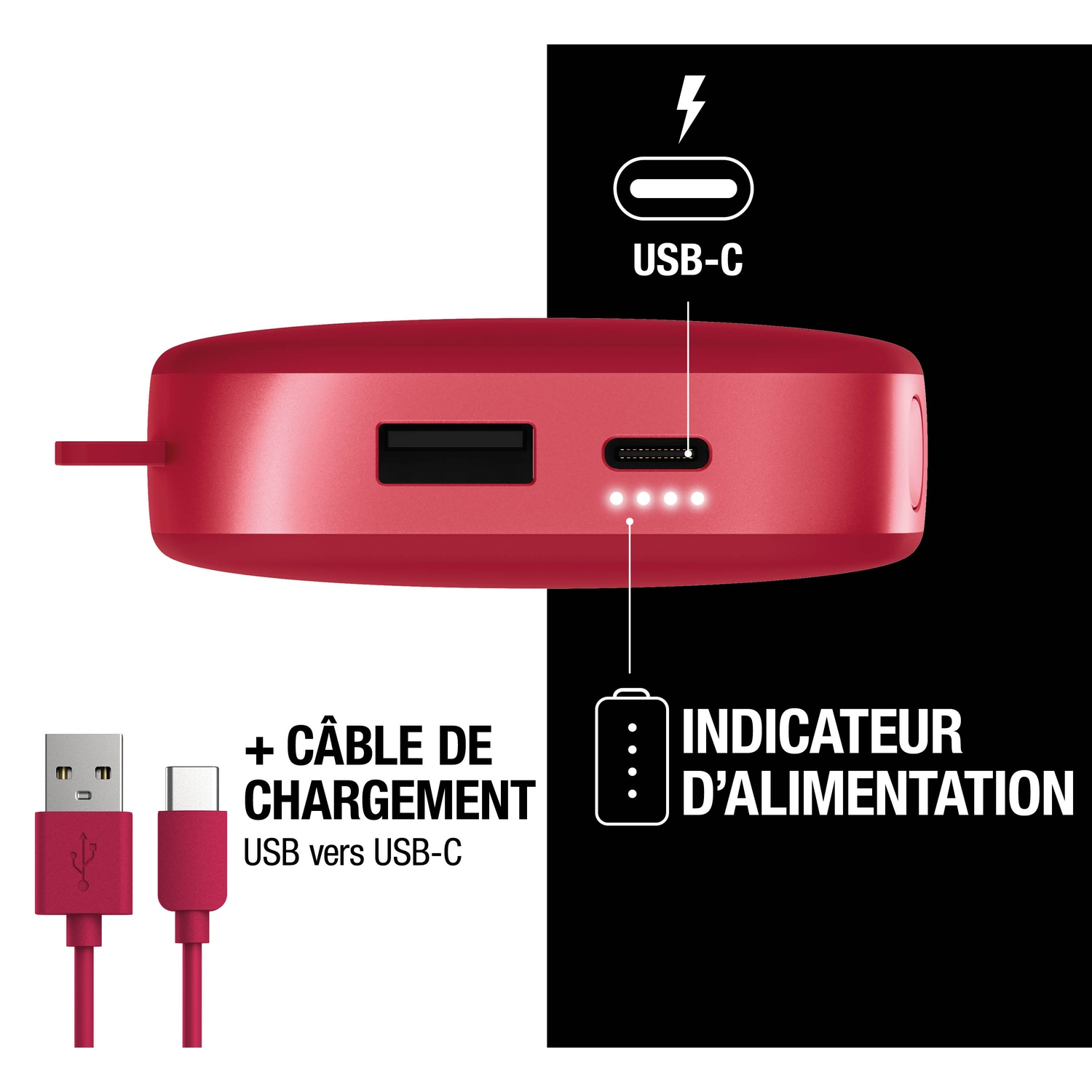 Un chargeur rouge avec ports USB-A et USB-C, câble inclus.
