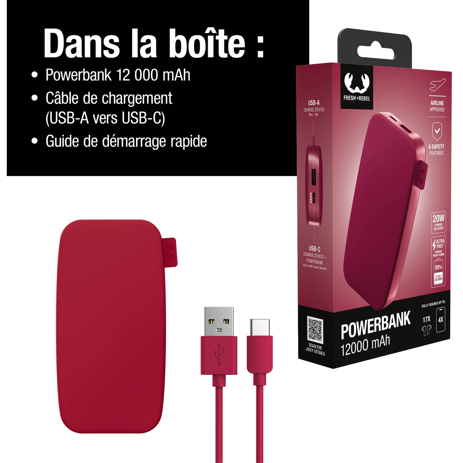 Batterie externe rouge avec câble de chargement et emballage. Détails inclus.