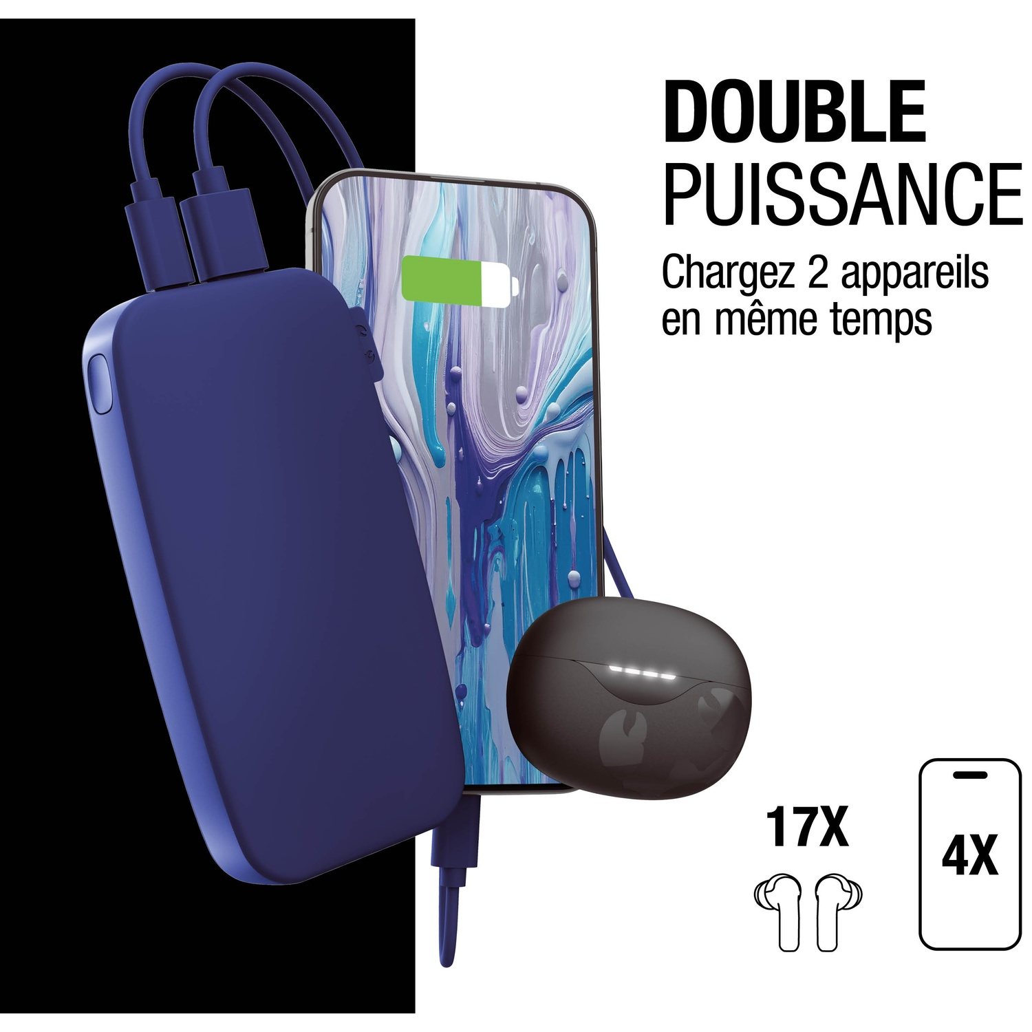 Une batterie externe bleue charge un téléphone et un étui de chargement noir avec écouteurs.