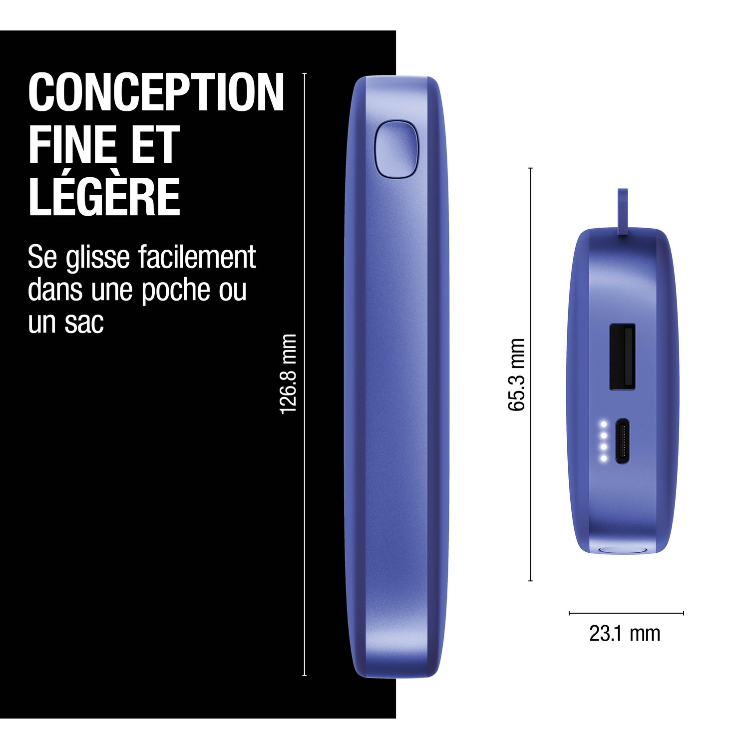 Un appareil mince et violet clair est montré avec des dimensions. Texte : Conception fine et légère. Se glisse facilement dans une poche ou un sac.
