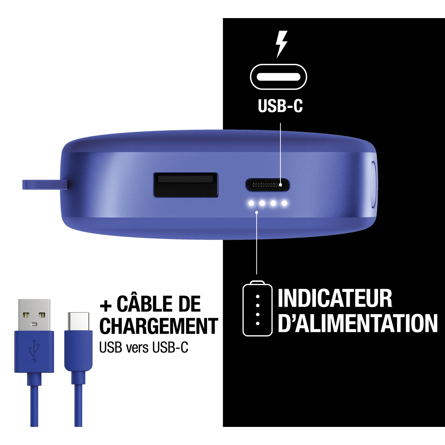 Batterie externe bleue avec USB-C et câble de chargement. Indicateur.
