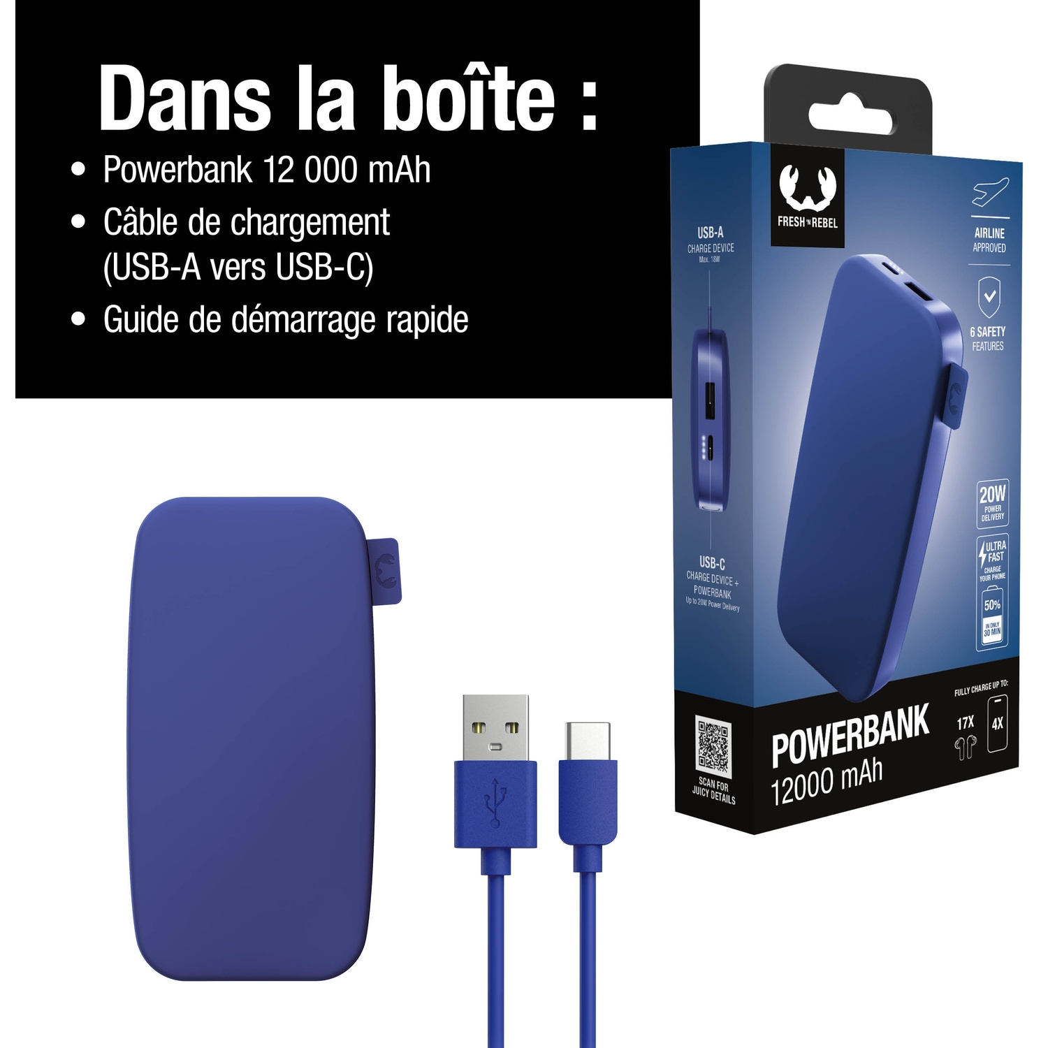 Un ensemble de power bank bleu avec câble et emballage, montrant une power bank de 12000 mAh.