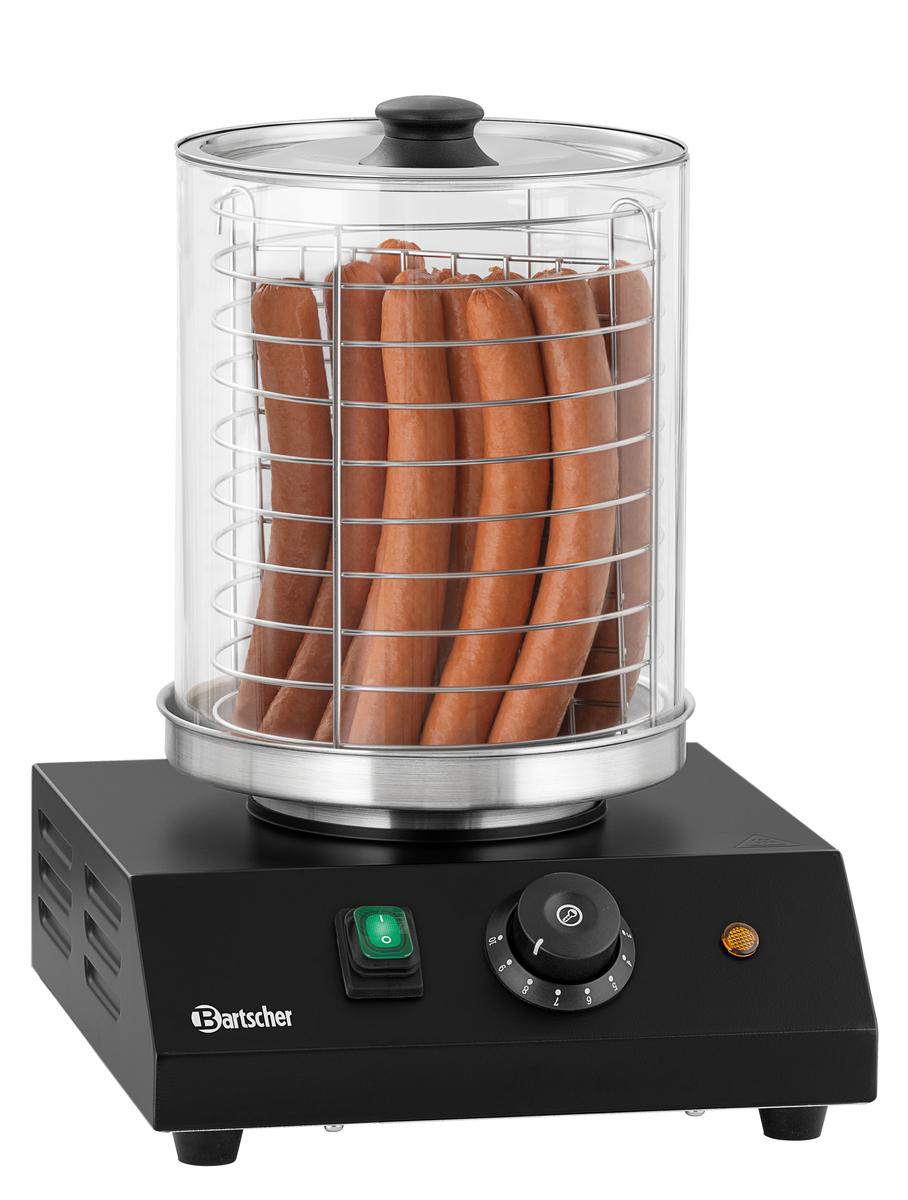 Ein Bartscher Hotdog-Dämpfer mit vielen Würstchen, Glaszylinder und schwarzem Sockel.