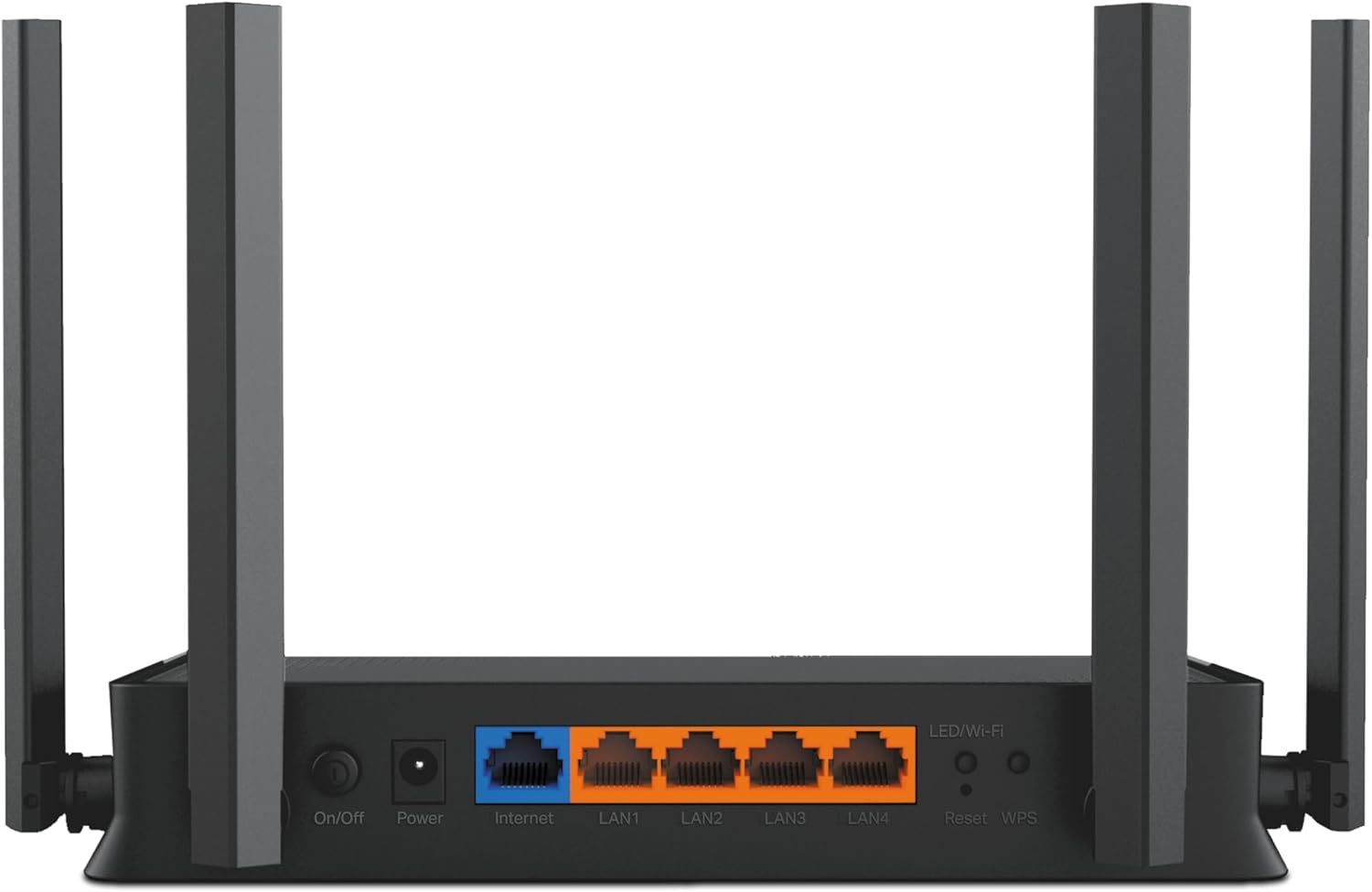 Schwarzer Router mit vier Antennen. Anschlüsse: Ein/Aus, Strom, Internet, LAN1-4, Reset, WPS.
