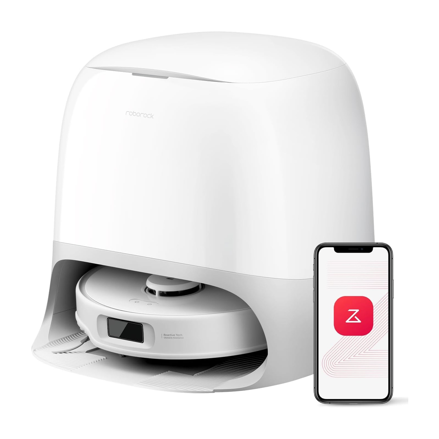 Un robot aspirapolvere bianco con la sua base di ricarica e uno smartphone.