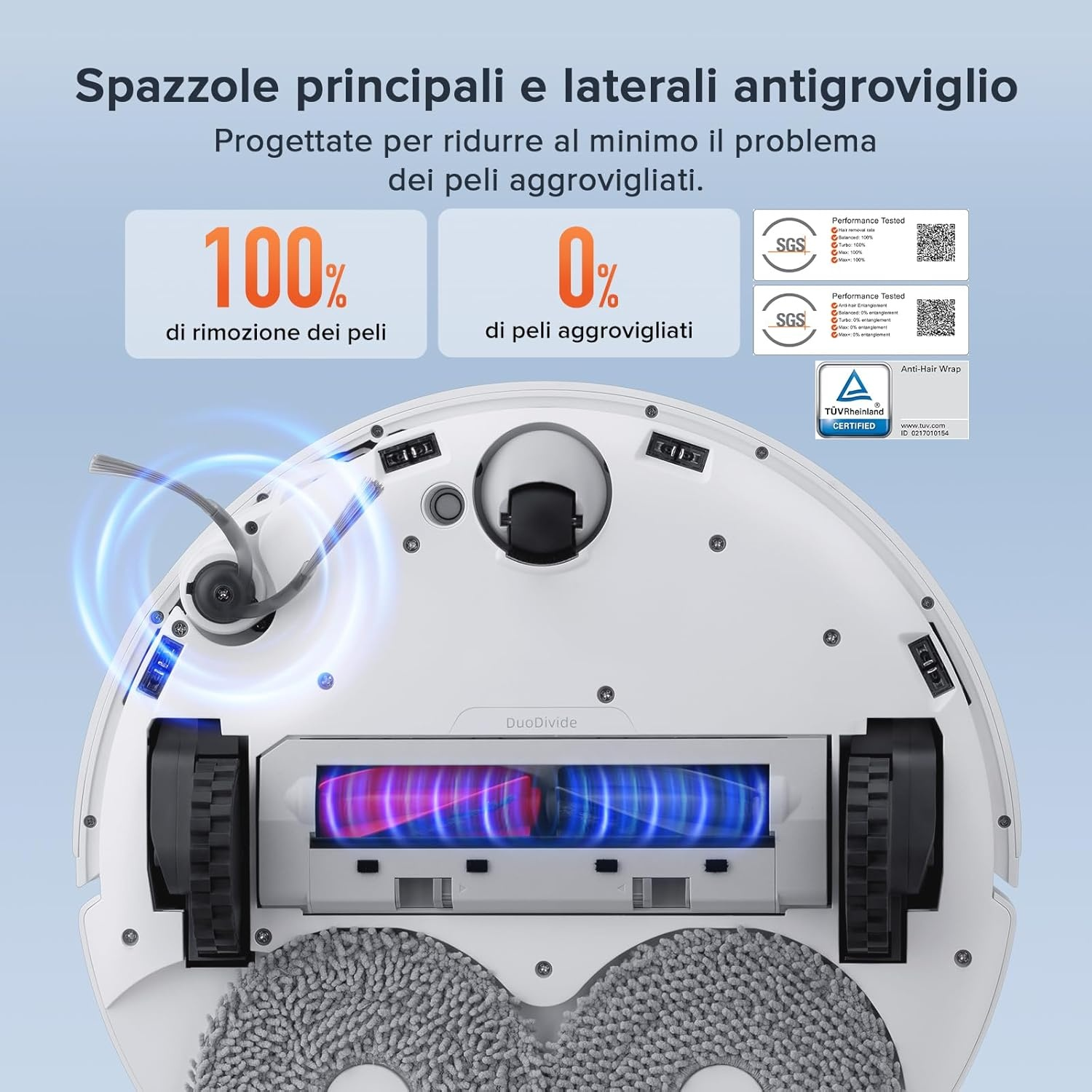 Vista inferiore robot aspirapolvere con spazzole, 100% rimozione peli, 0% grovigli.