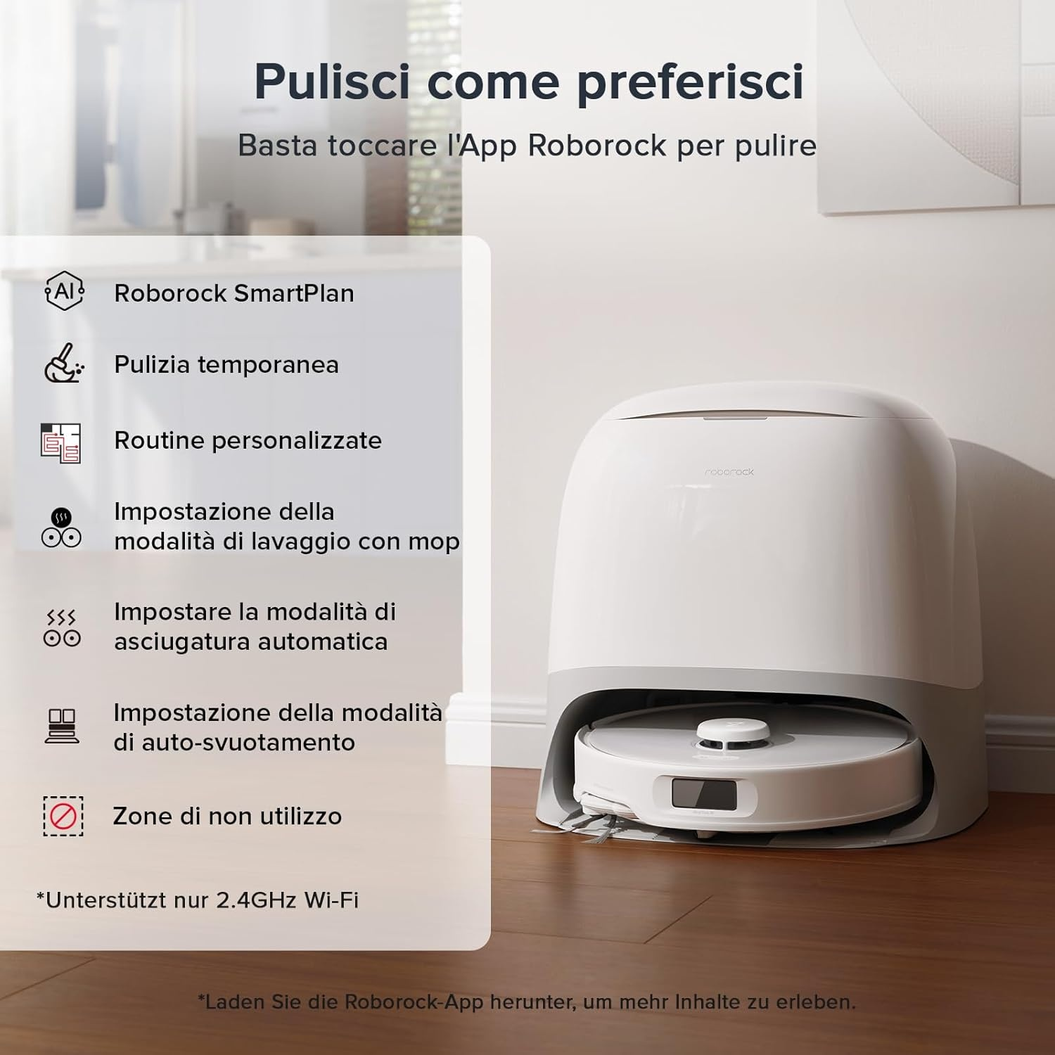 Un robot aspirapolvere bianco con base di ricarica e opzioni di pulizia in italiano.