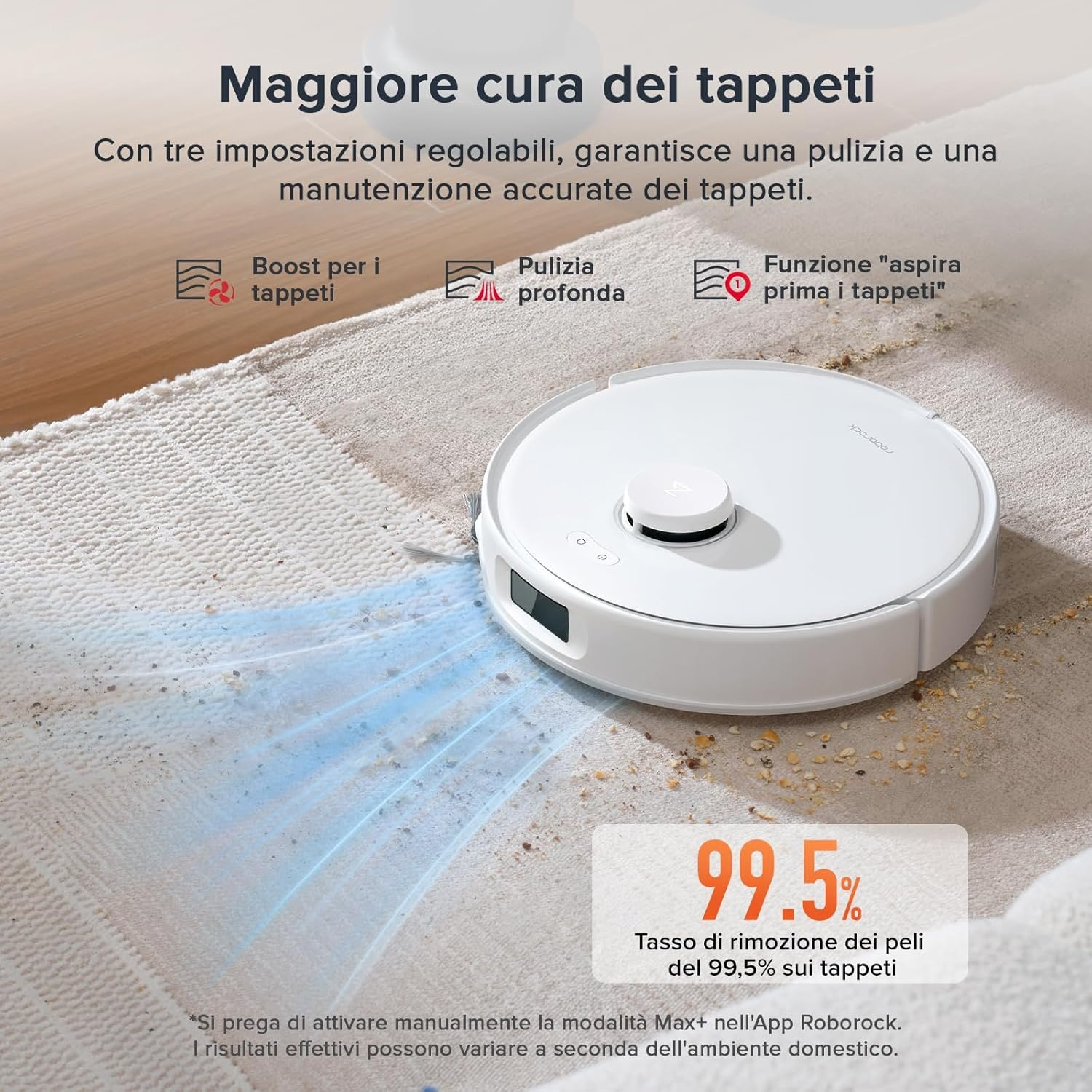 Un robot aspirapolvere bianco pulisce un tappeto coperto di briciole.
