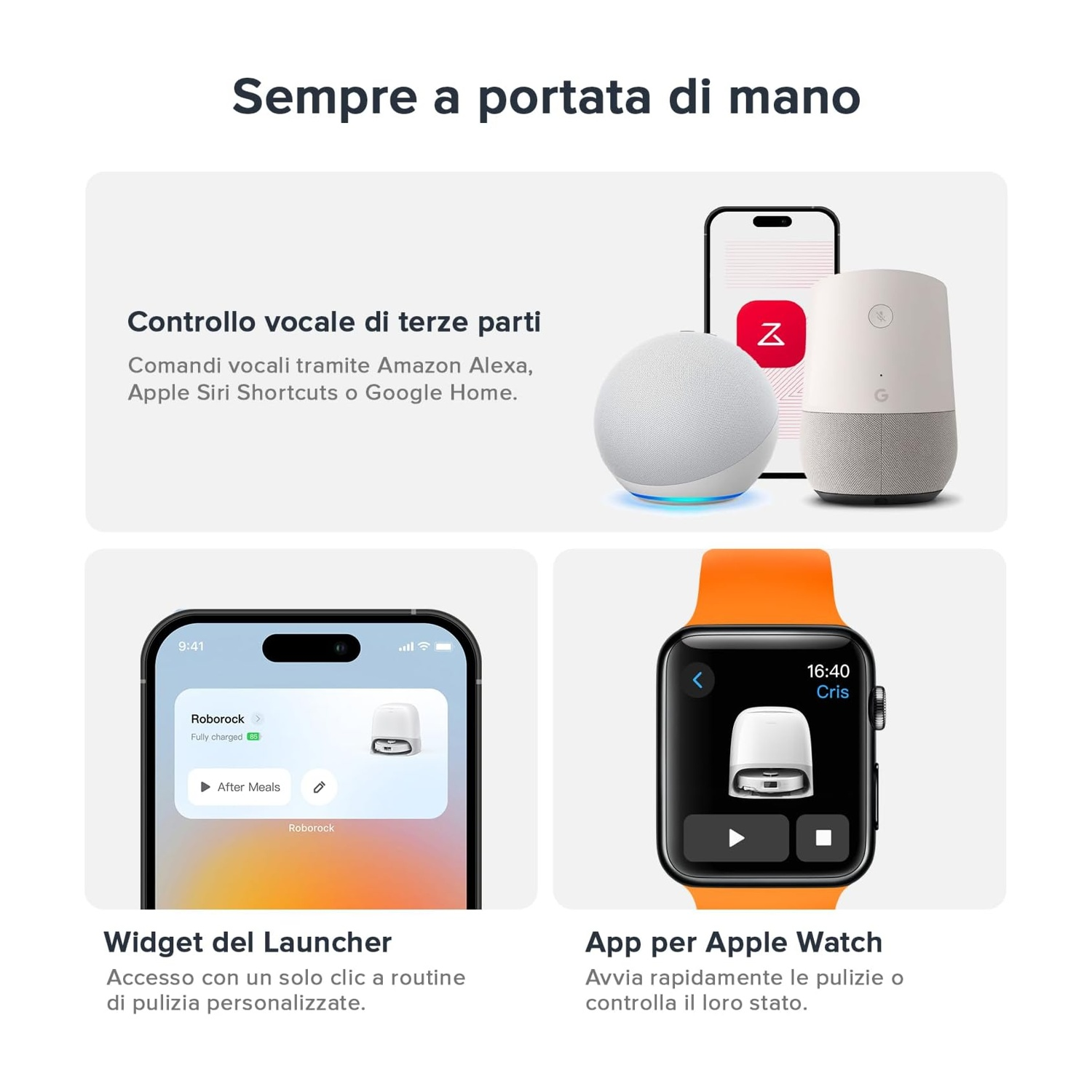 Dispositivi smart home e schermate app su telefono e smartwatch.