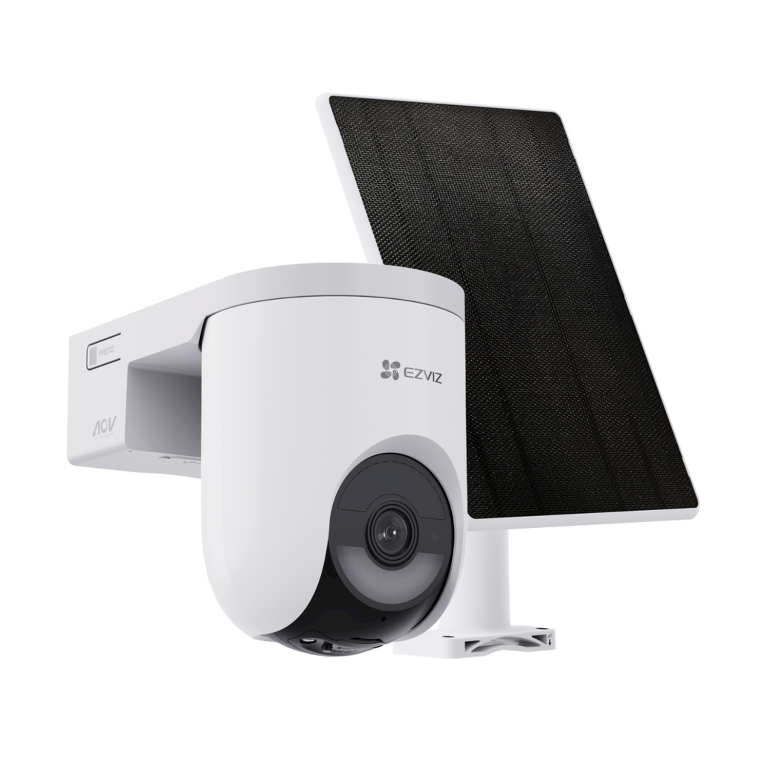 Telecamera di sicurezza bianca con pannello solare su sfondo bianco.