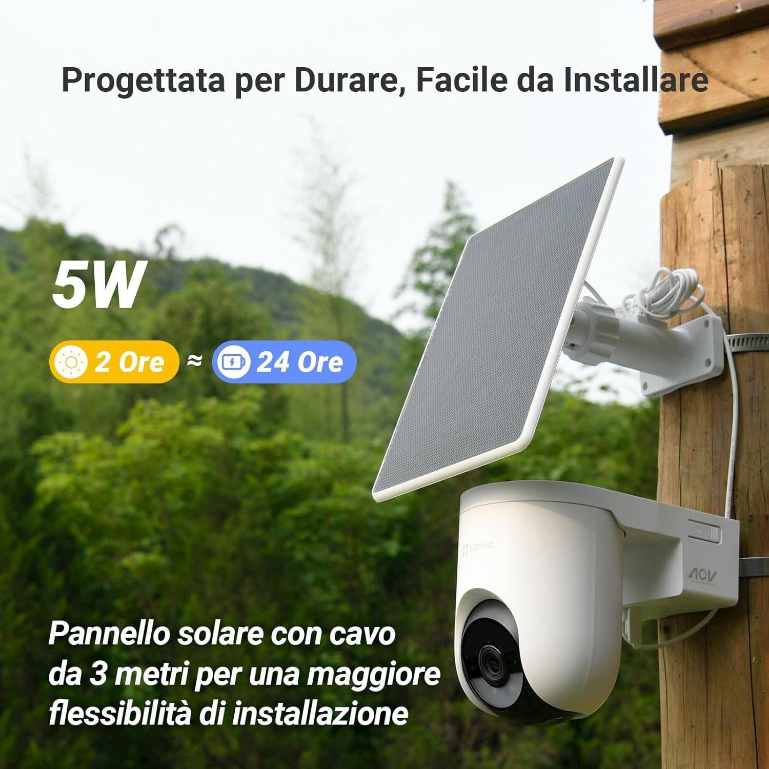 Telecamera solare 5W, 2 ore di carica per 24 ore di autonomia, cavo 3m.