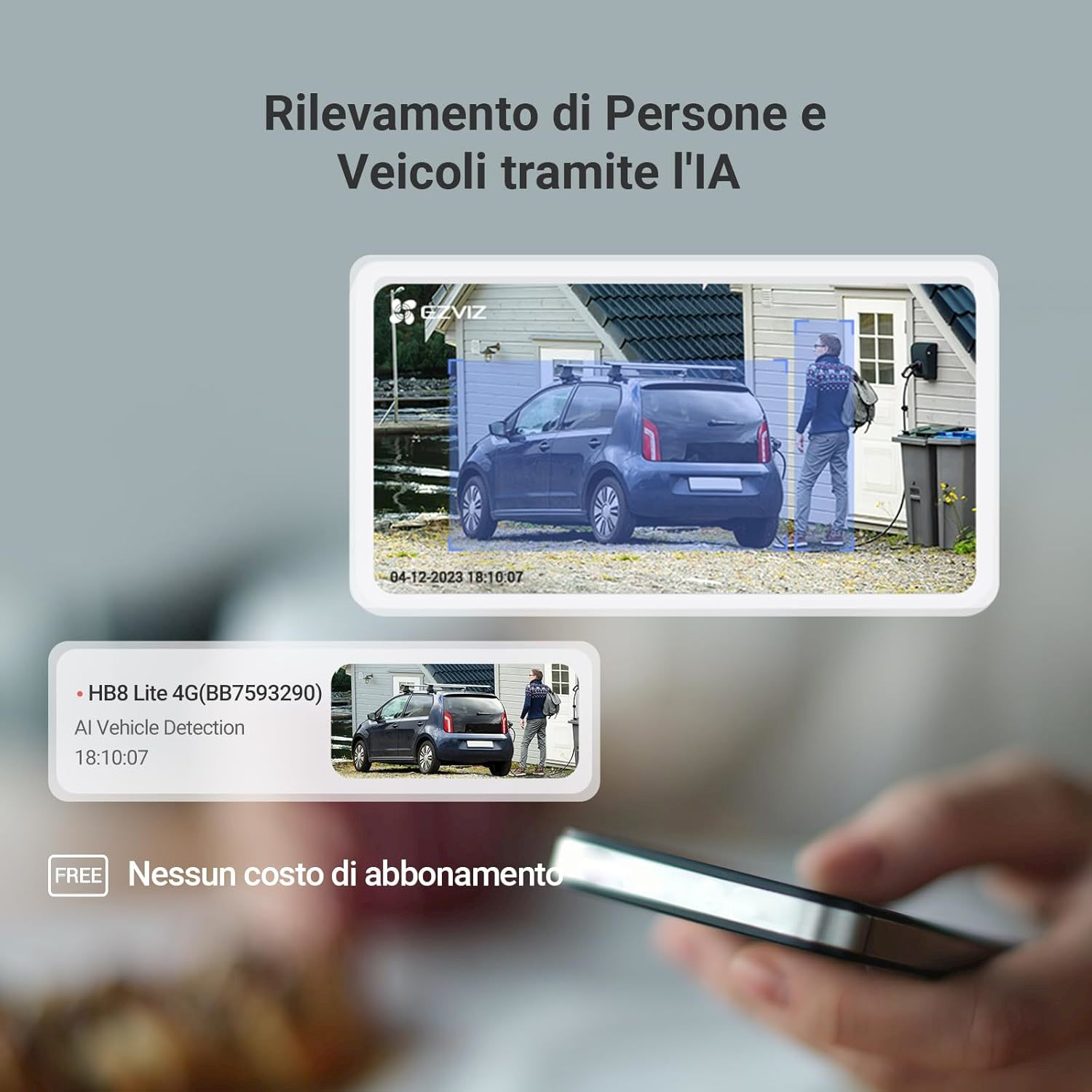 Rilevamento IA di persone e veicoli. Auto parcheggiata davanti a una casa, una persona nelle vicinanze.
