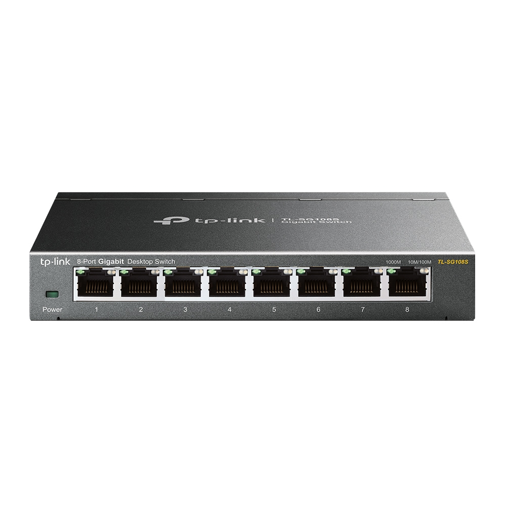 Ein grauer TP-Link 8-Port Gigabit Desktop Switch mit nummerierten Anschlüssen.