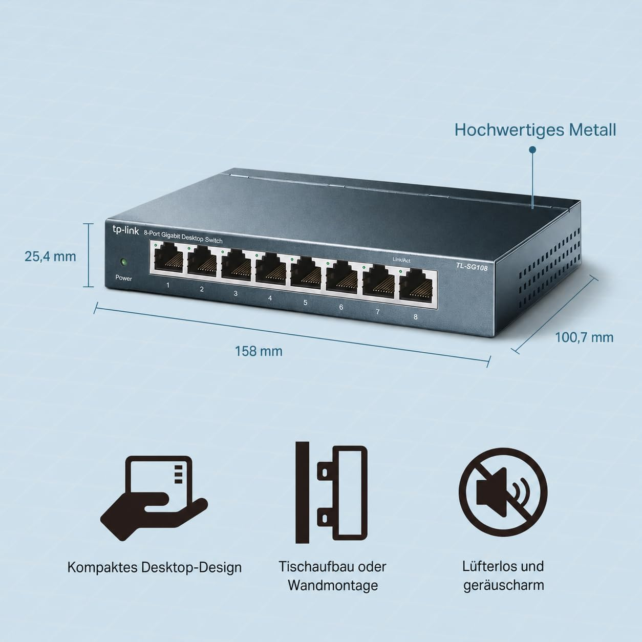 TP-Link 8-Port Gigabit Desktop Switch aus Metall, 158x100.7x25.4mm.