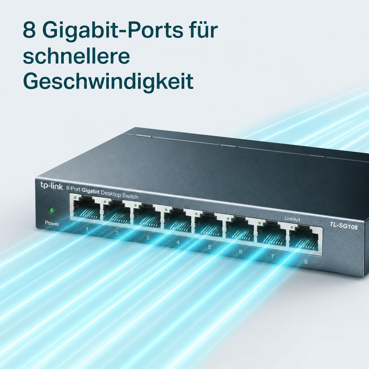 Ein grauer TP-Link 8-Port Gigabit Desktop Switch mit blauen Lichtstrahlen.