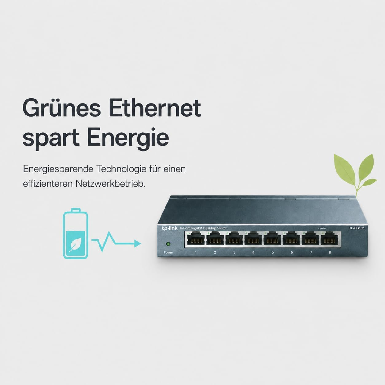 Ein grauer 8-Port Gigabit Switch mit grünen Blättern und Energiespar-Symbol.