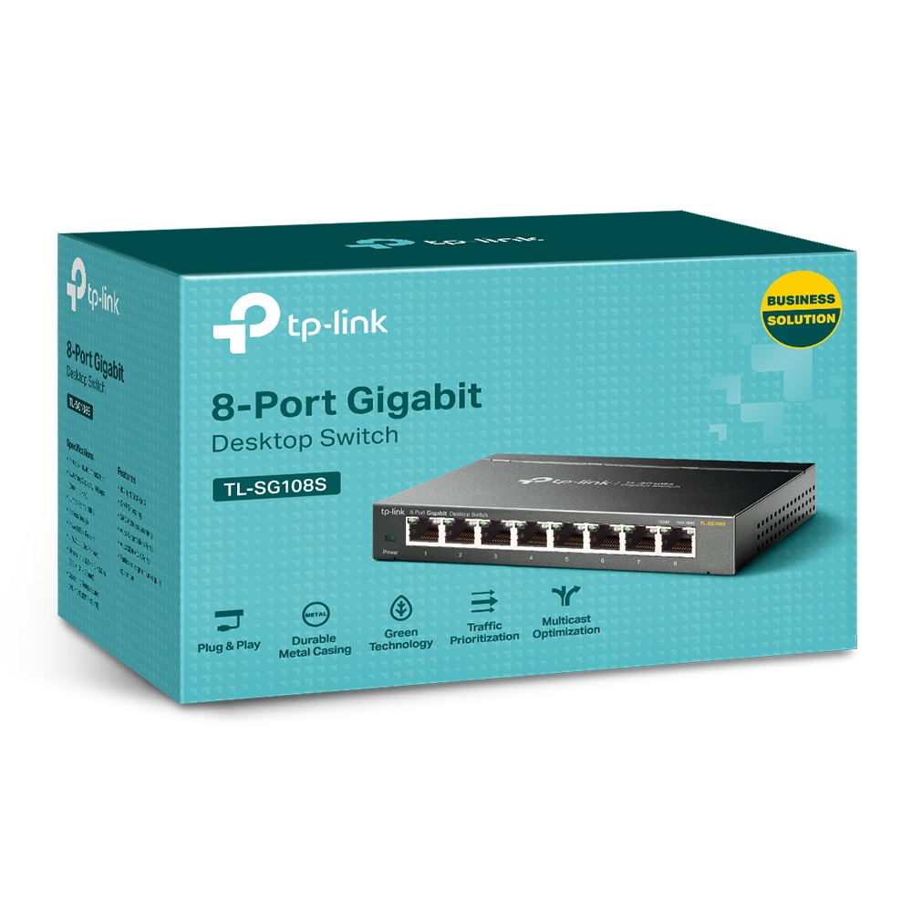 TP-Link 8-Port Gigabit Desktop Switch TL-SG108S auf einer türkisfarbenen Box mit Produktbild und Funktionen.