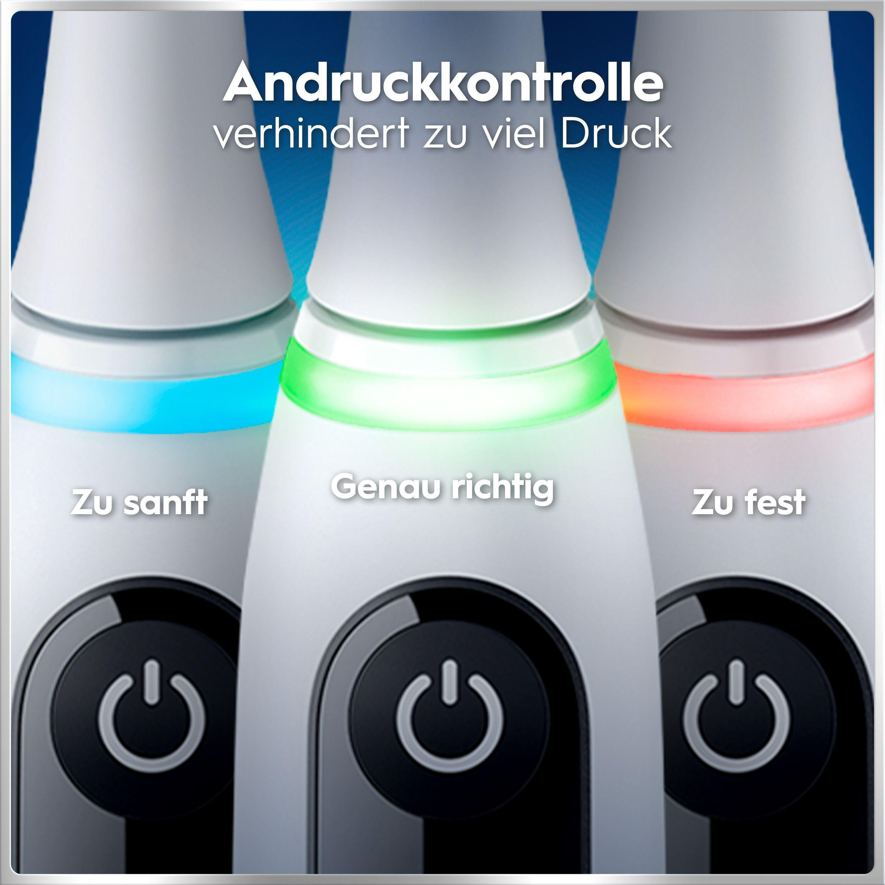 Drei elektrische Zahnbürsten mit Druckanzeige: blau für zu sanft, grün für genau richtig, rot für zu fest.