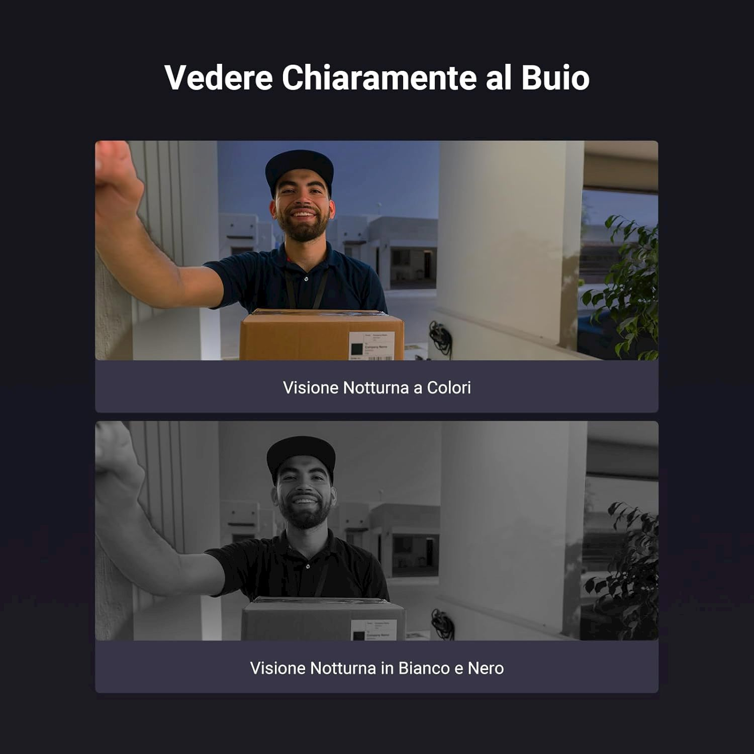 Un corriere tiene un pacco, mostrando visione notturna a colori sopra e B&N sotto.