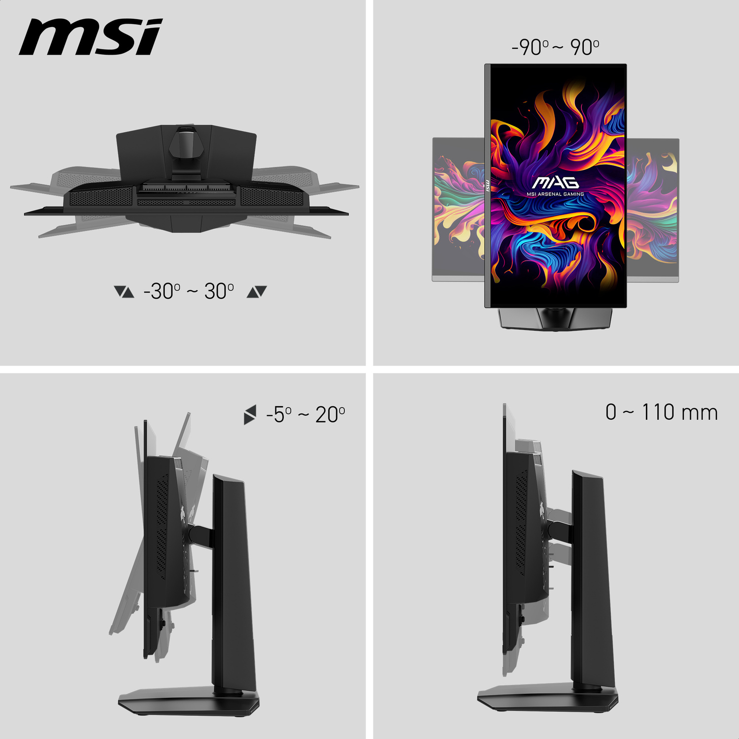 Supporto monitor MSI con diagrammi che mostrano regolazioni di inclinazione, rotazione e altezza.
