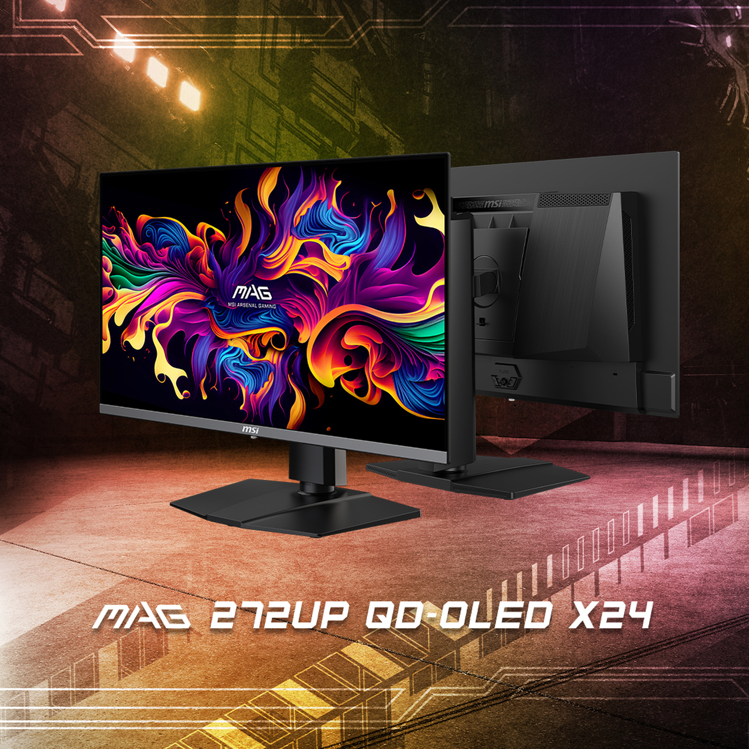 Due monitor da gaming MSI su un pavimento con illuminazione di sfondo colorata.