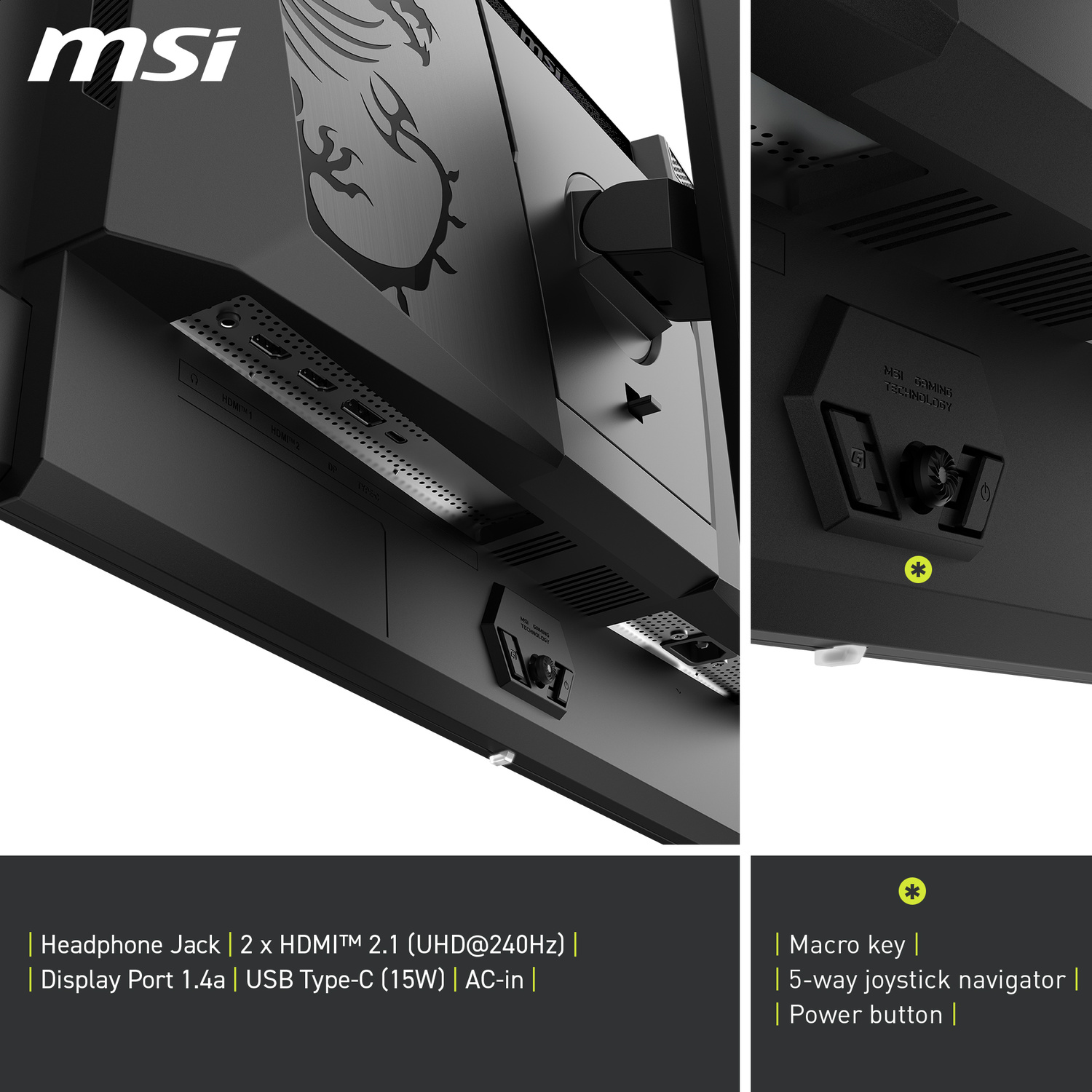 Retro del monitor MSI con porte: cuffie, 2x HDMI, DP, USB-C, AC-in.