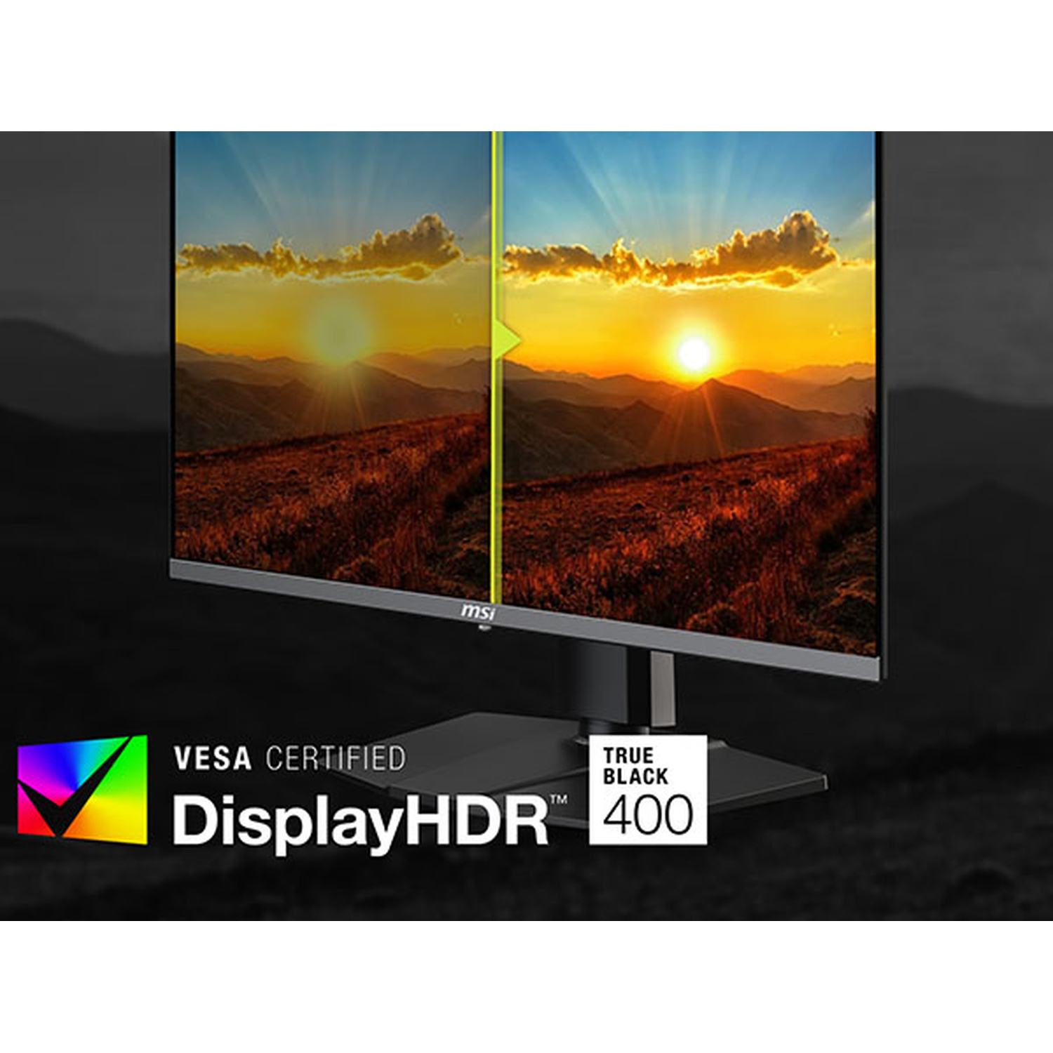 Un monitor mostra un tramonto con montagne e nuvole. VESA DisplayHDR 400.