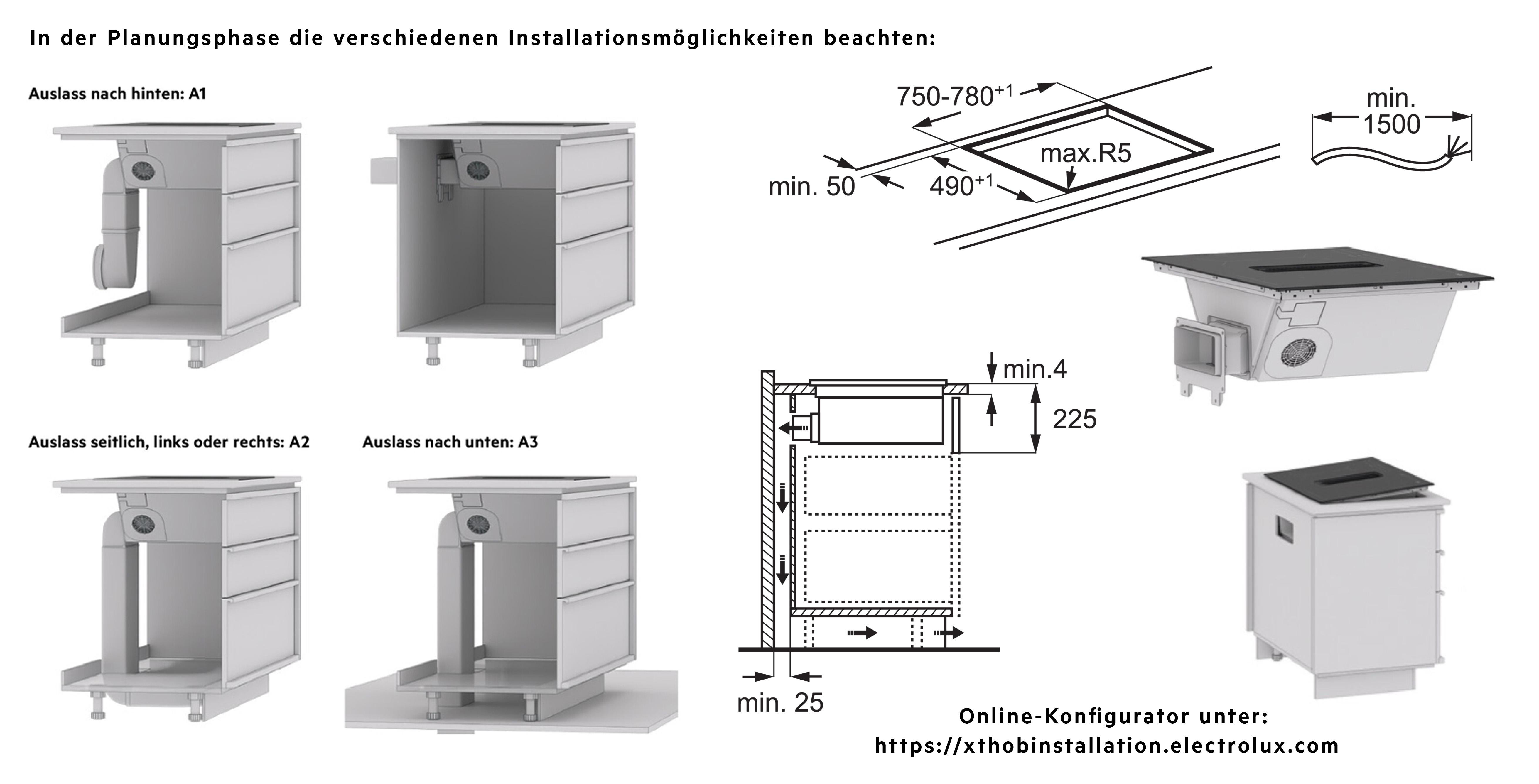 Technische Zeichnung zeigt Installationsmöglichkeiten für ein Gerät mit Abluftoptionen.