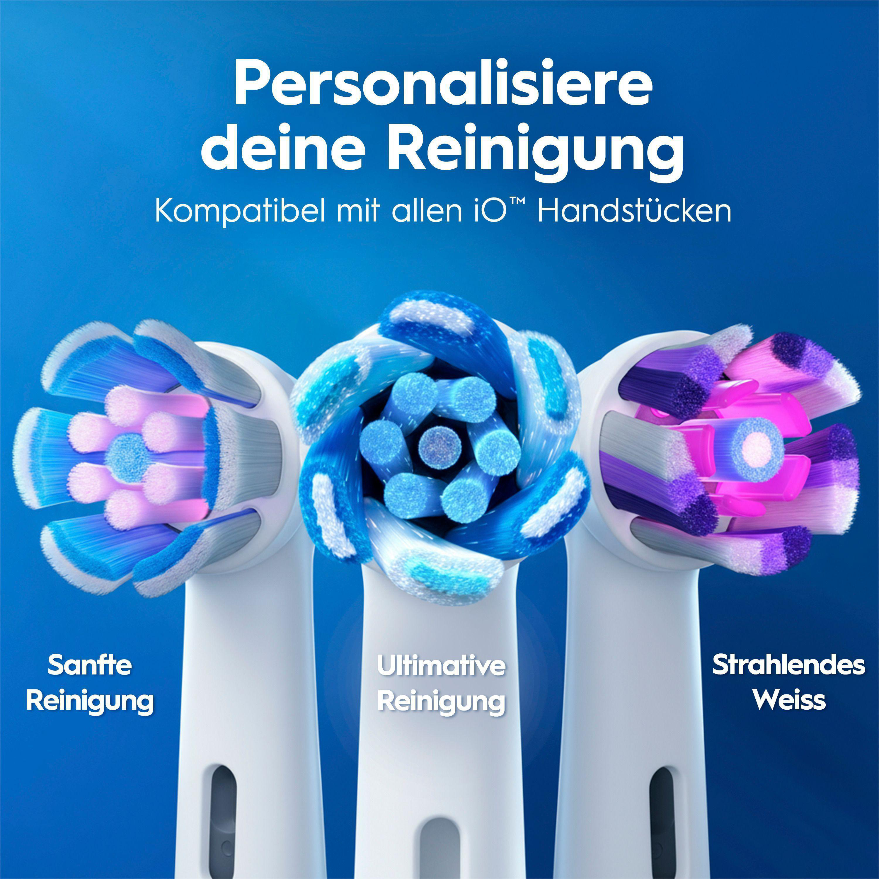 Drei elektrische Zahnbürstenköpfe in Blau-, Weiß- und Violett-Tönen auf blauem Grund.