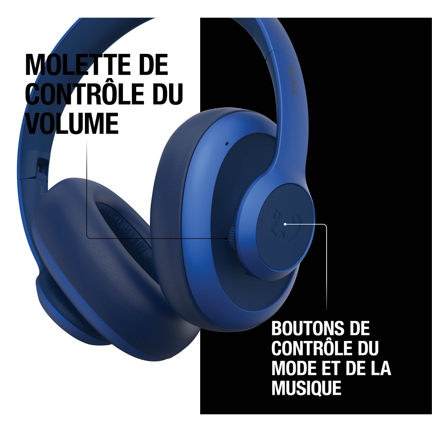 Casque bleu avec molette de contrôle du volume et boutons.