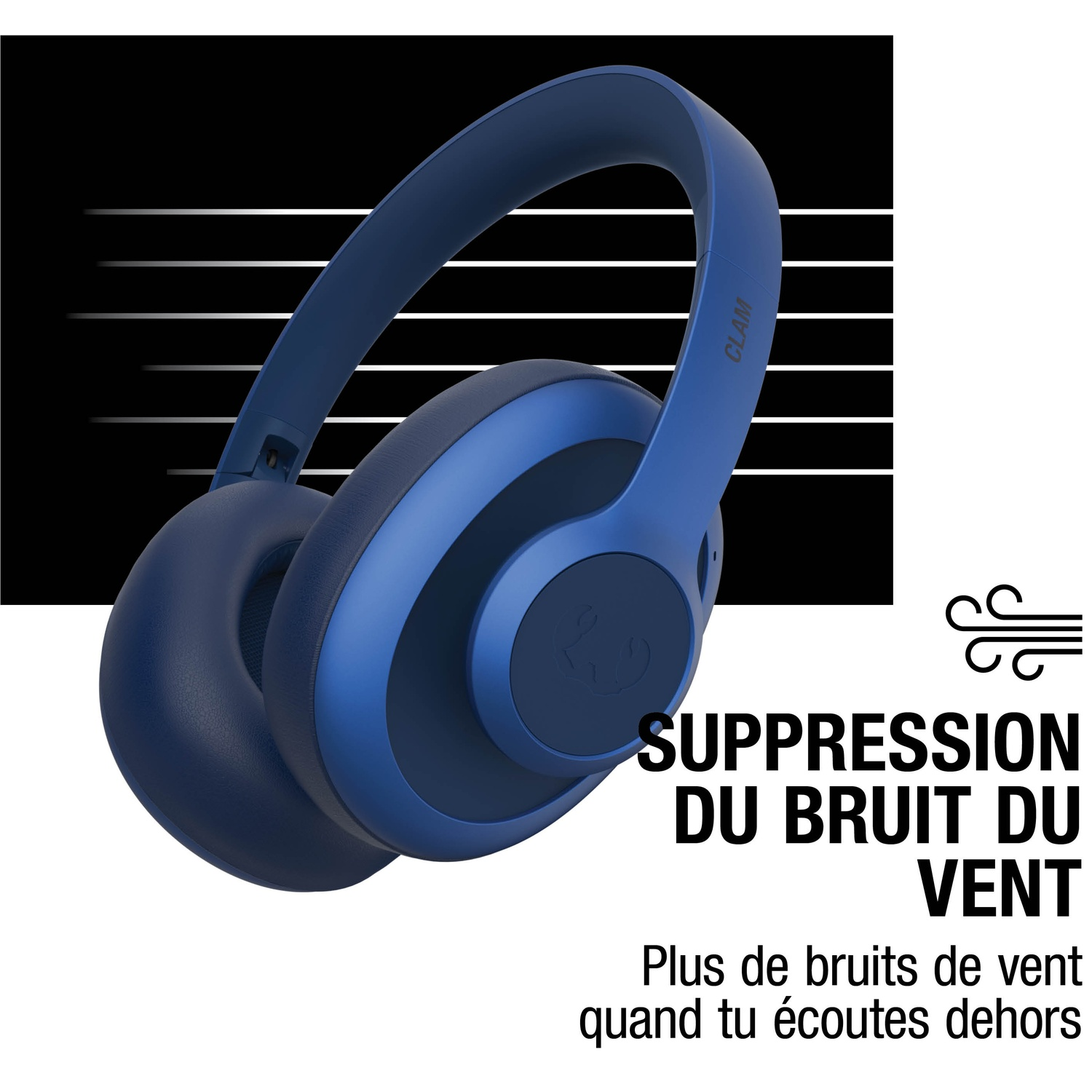 Casque bleu marine avec suppression du bruit du vent et le texte CLAM.