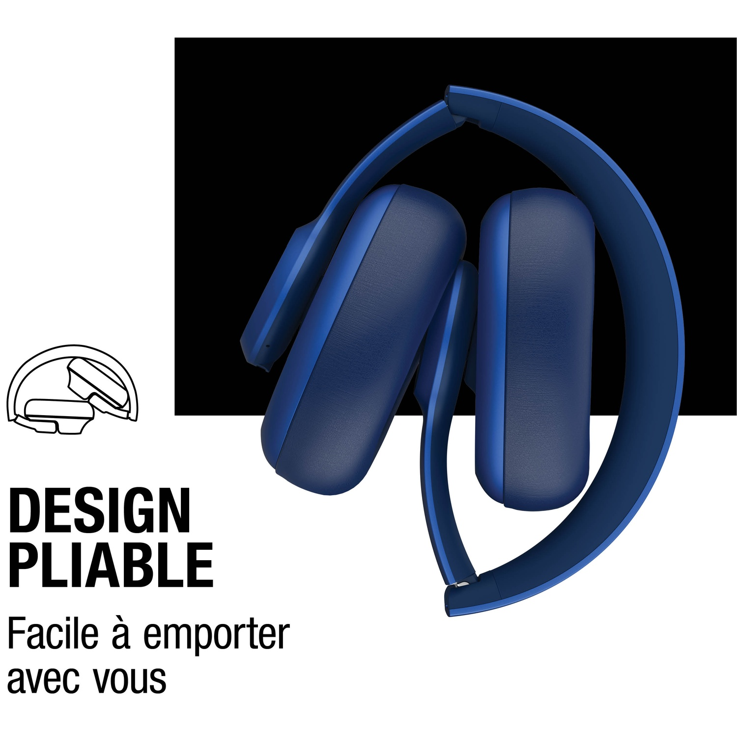 Casque bleu pliable avec fond noir et texte blanc.