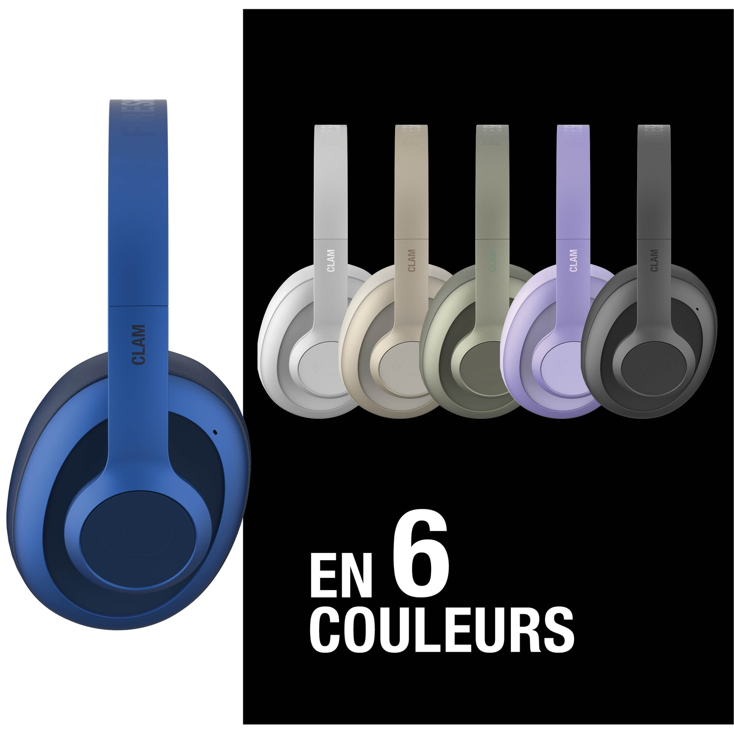 Un casque bleu à gauche, avec cinq autres de différentes couleurs à côté.
