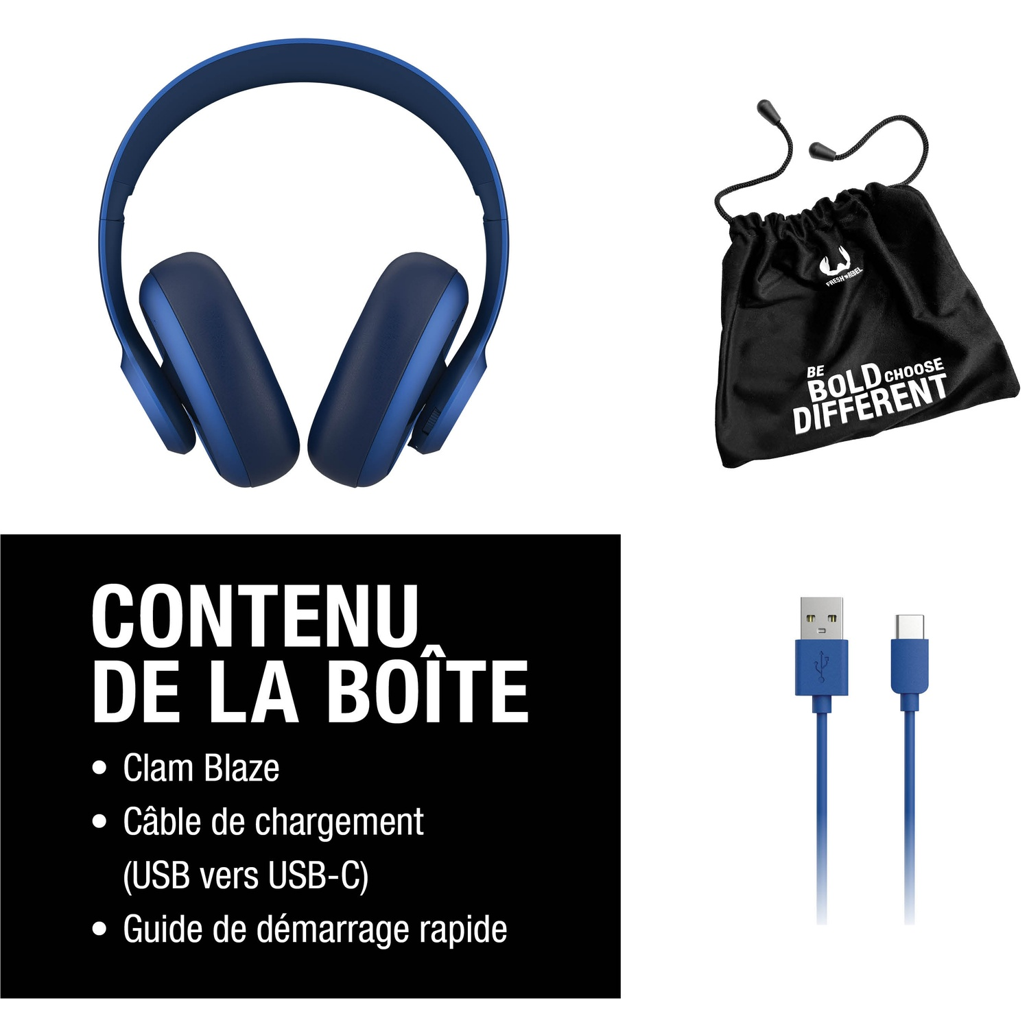 Casque bleu, pochette noire avec texte et câbles USB-C montrés.