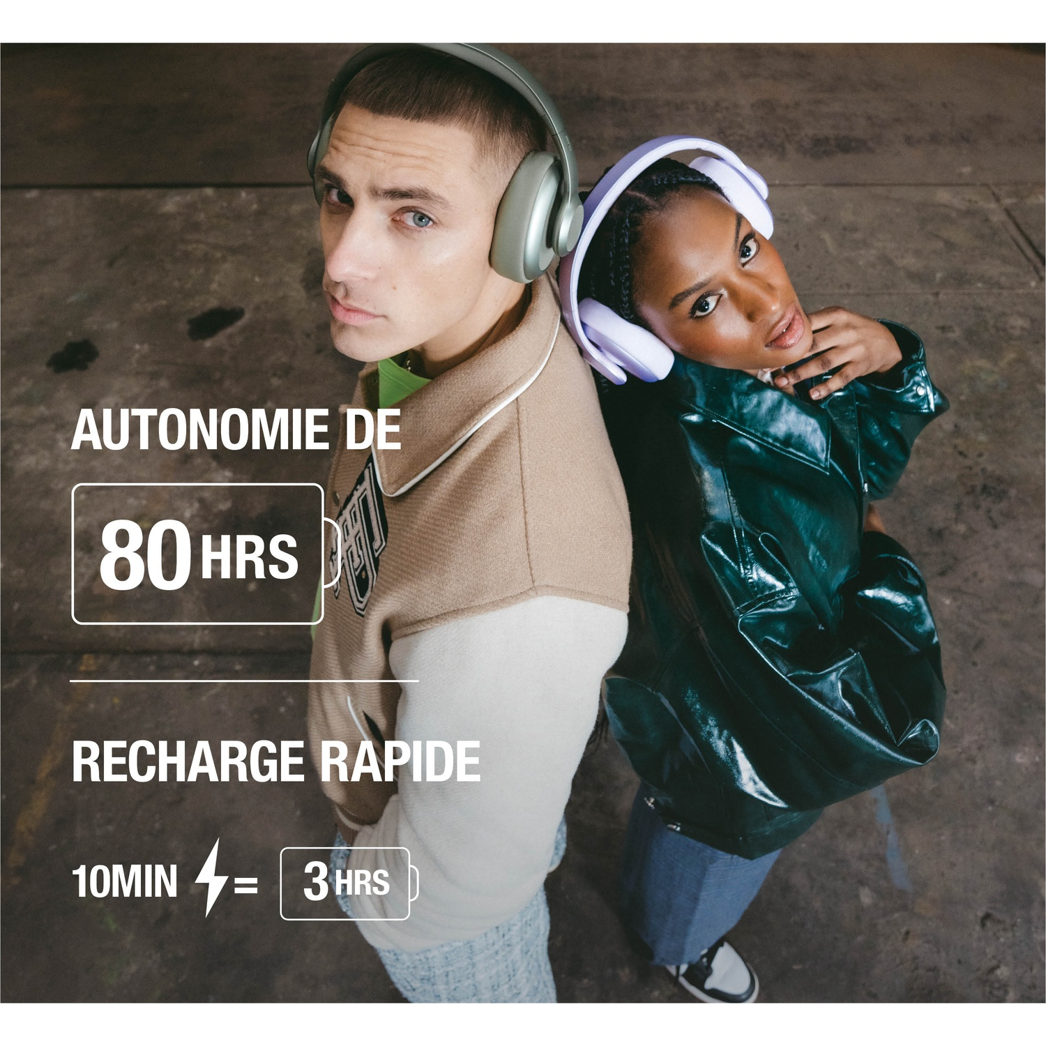 Homme et femme avec casque : 80h d'autonomie, 10 min de charge pour 3h.