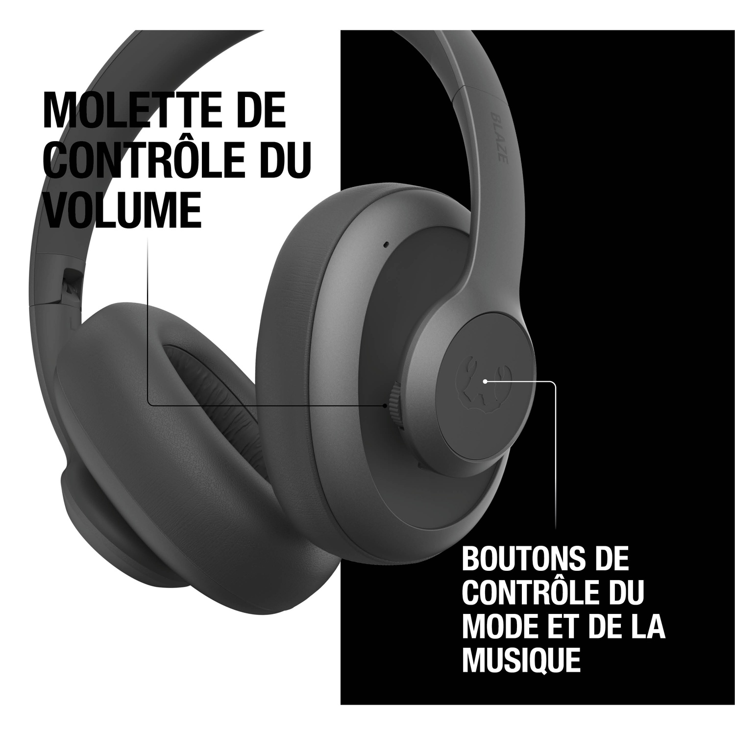 Casque gris avec boutons de contrôle du volume et de la musique.
